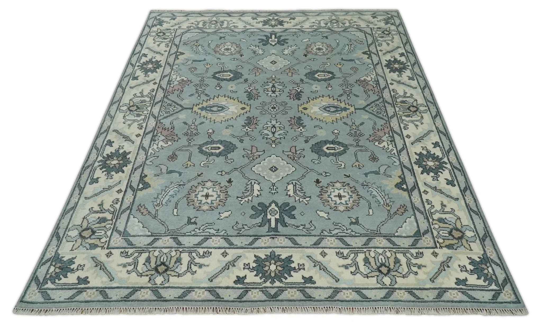 Hand Knotted 8x10 Blue and Ivory Traditional Oushak Persian Wool Area Rug | TRDCP1151810 - Image 10