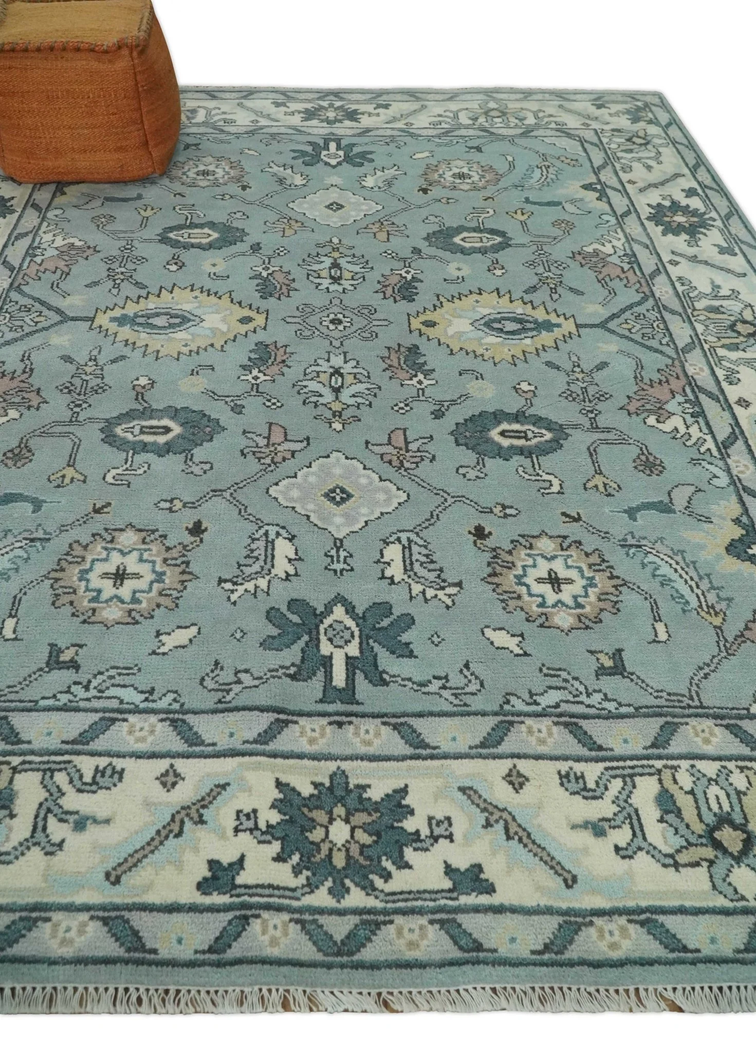 Hand Knotted 8x10 Blue and Ivory Traditional Oushak Persian Wool Area Rug | TRDCP1151810 - Image 3