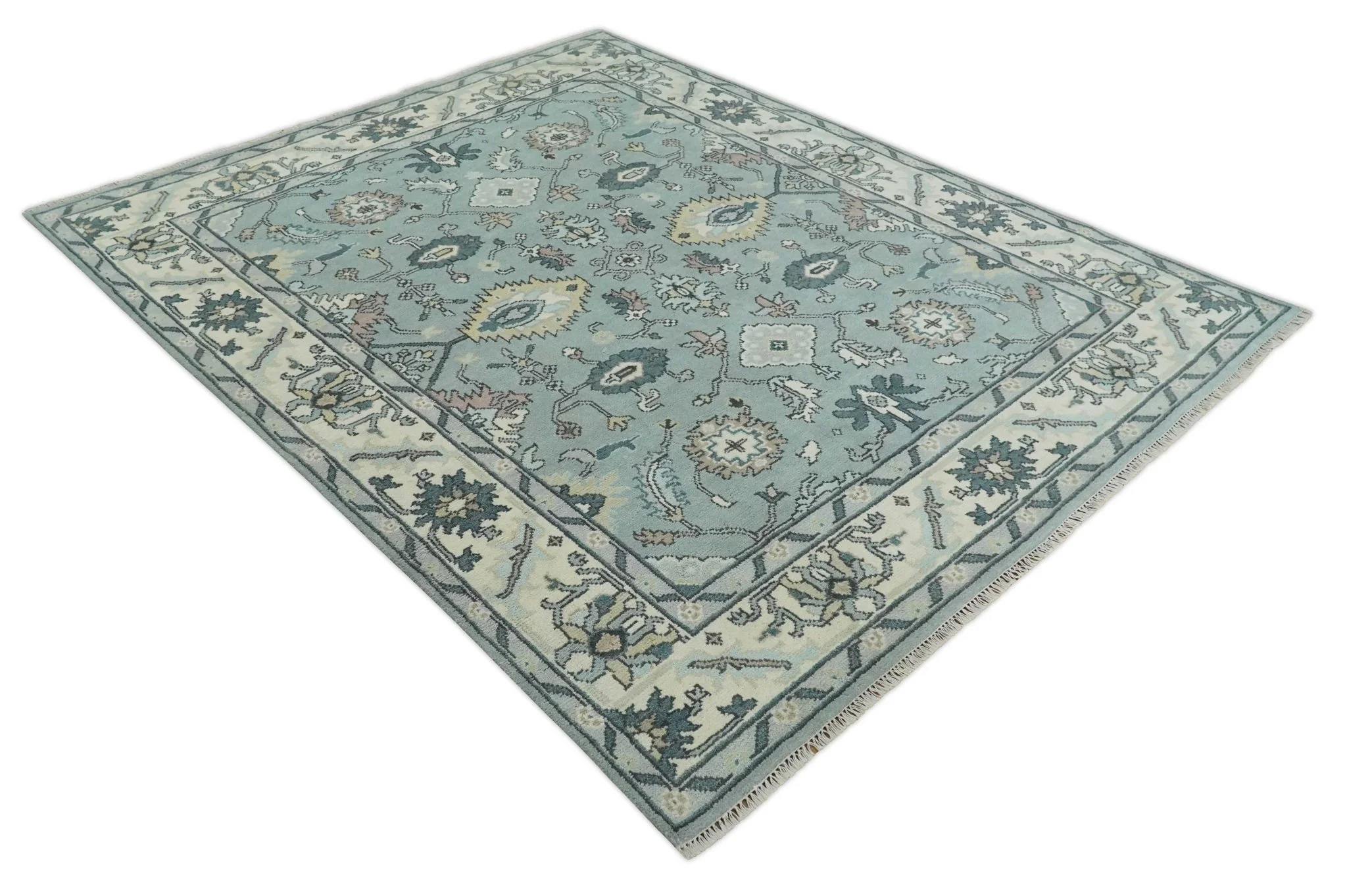 Hand Knotted 8x10 Blue and Ivory Traditional Oushak Persian Wool Area Rug | TRDCP1151810 - Image 9