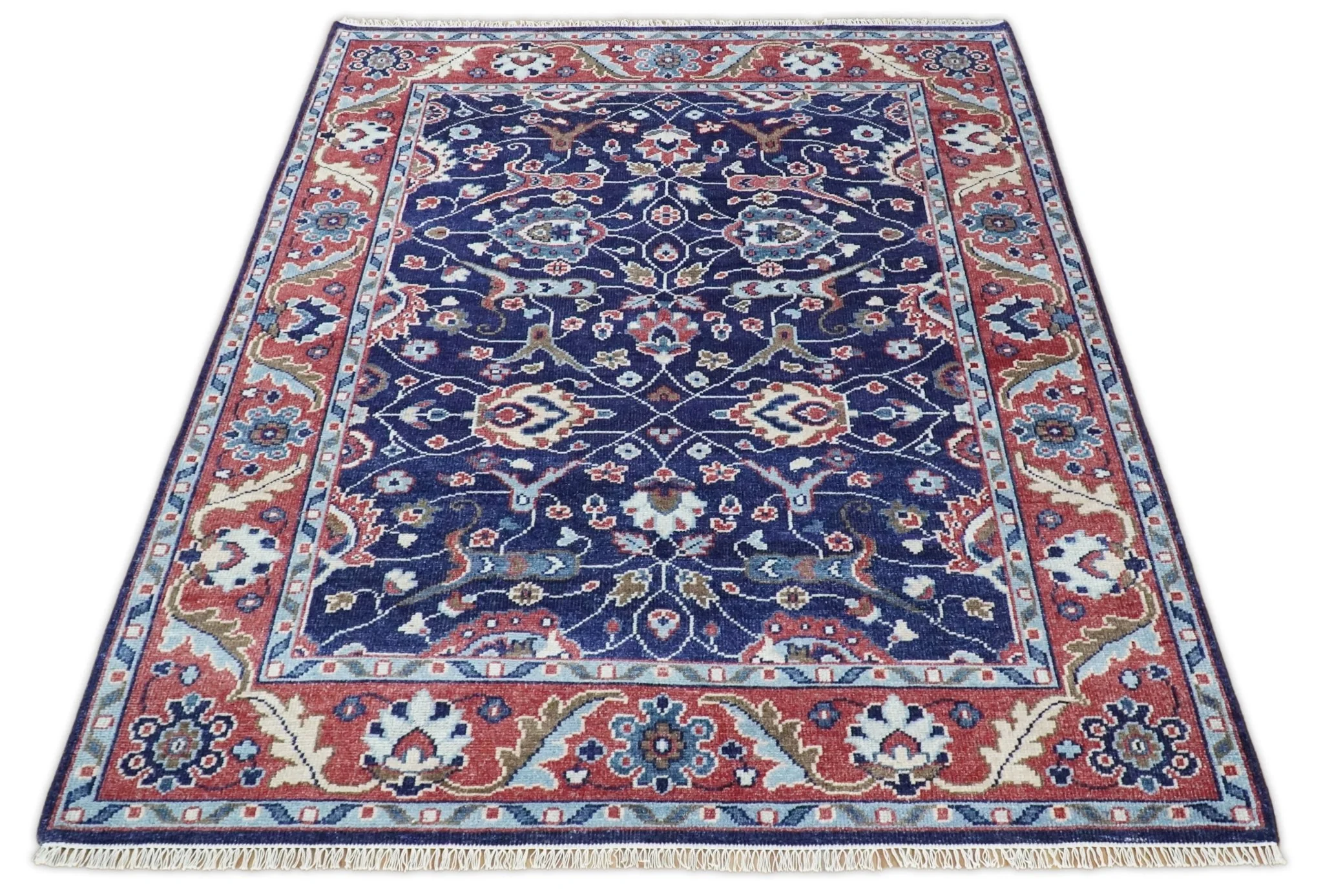 Hand Knotted 8x10 Blue and Rust Traditional Persian Oushak Area Rug | TRD2643 - Image 11