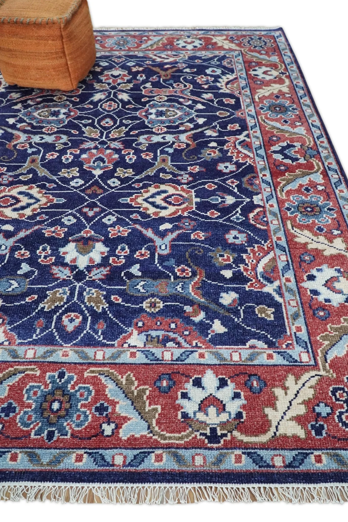 Hand Knotted 8x10 Blue and Rust Traditional Persian Oushak Area Rug | TRD2643 - Image 3