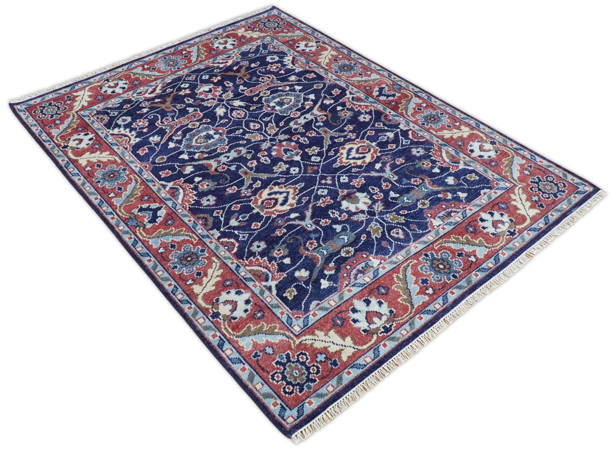 Hand Knotted 8x10 Blue and Rust Traditional Persian Oushak Area Rug | TRD2643 - Image 6
