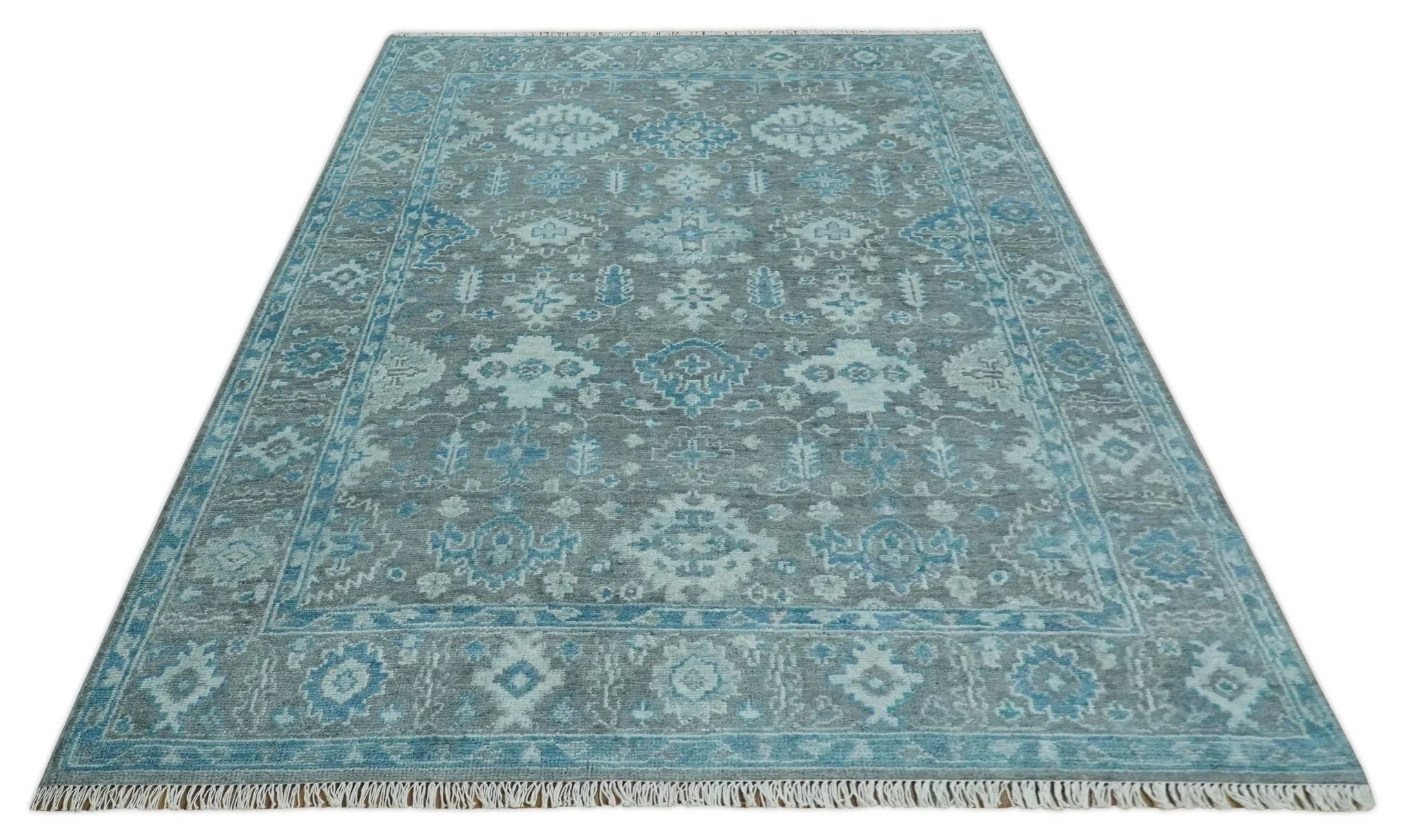 Antique Gray and Blue Hand Knotted 8x10 Oushak Turkish Wool Area Rug - Image 10