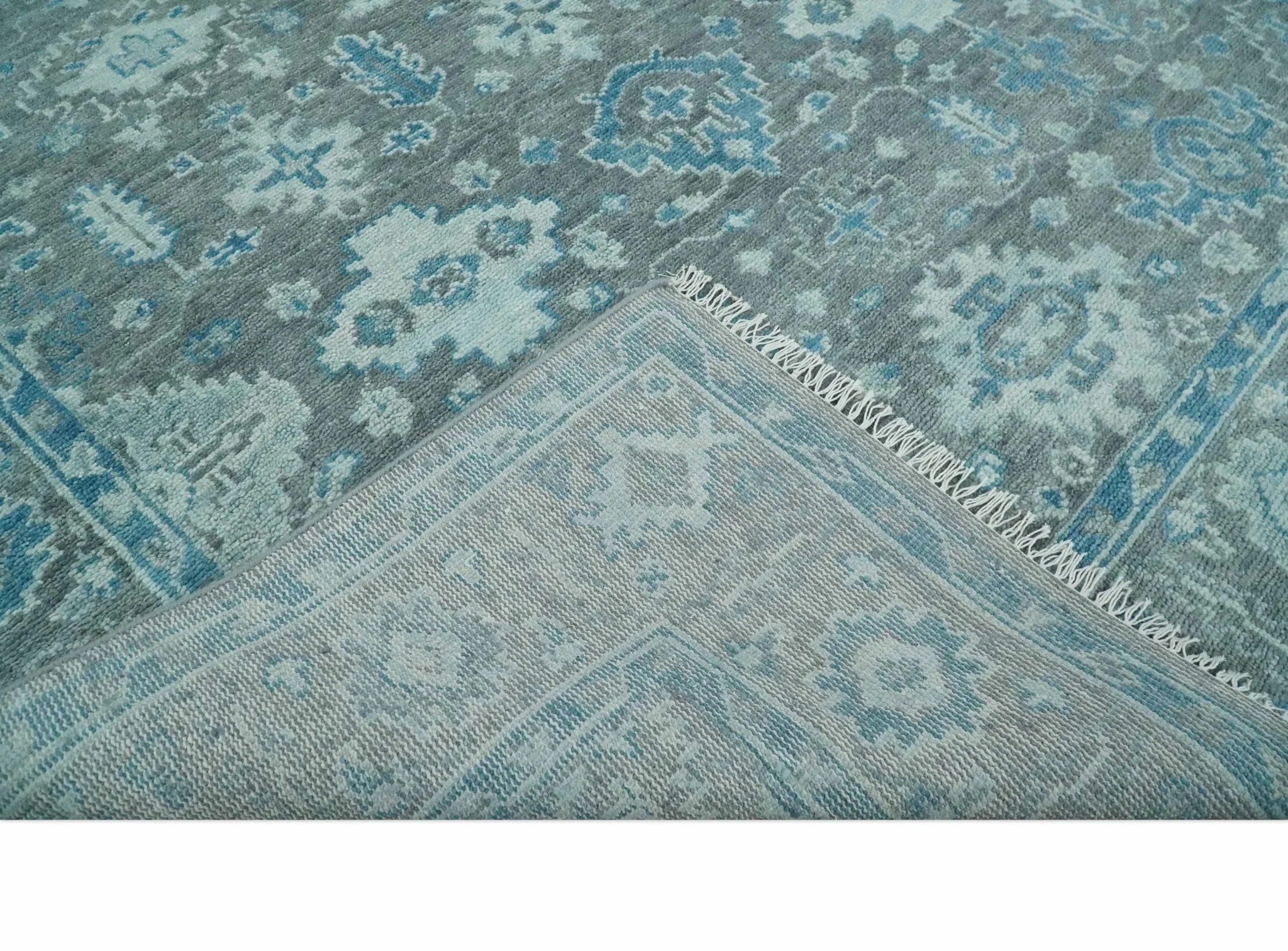 Antique Gray and Blue Hand Knotted 8x10 Oushak Turkish Wool Area Rug - Image 7