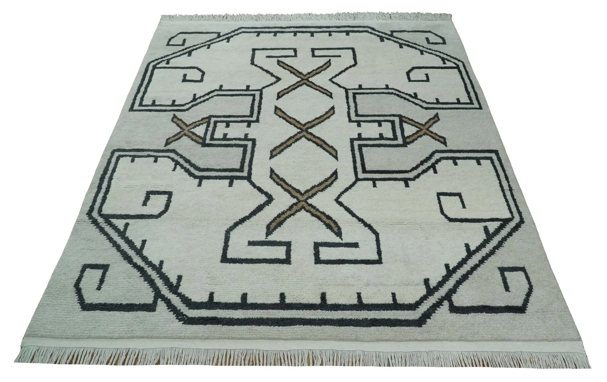 Hand Knotted 8x10 Ivory and Charcoal Wool Traditional Tribal Art Antique South Western Rug |  TRDCP1292810 - Image 6