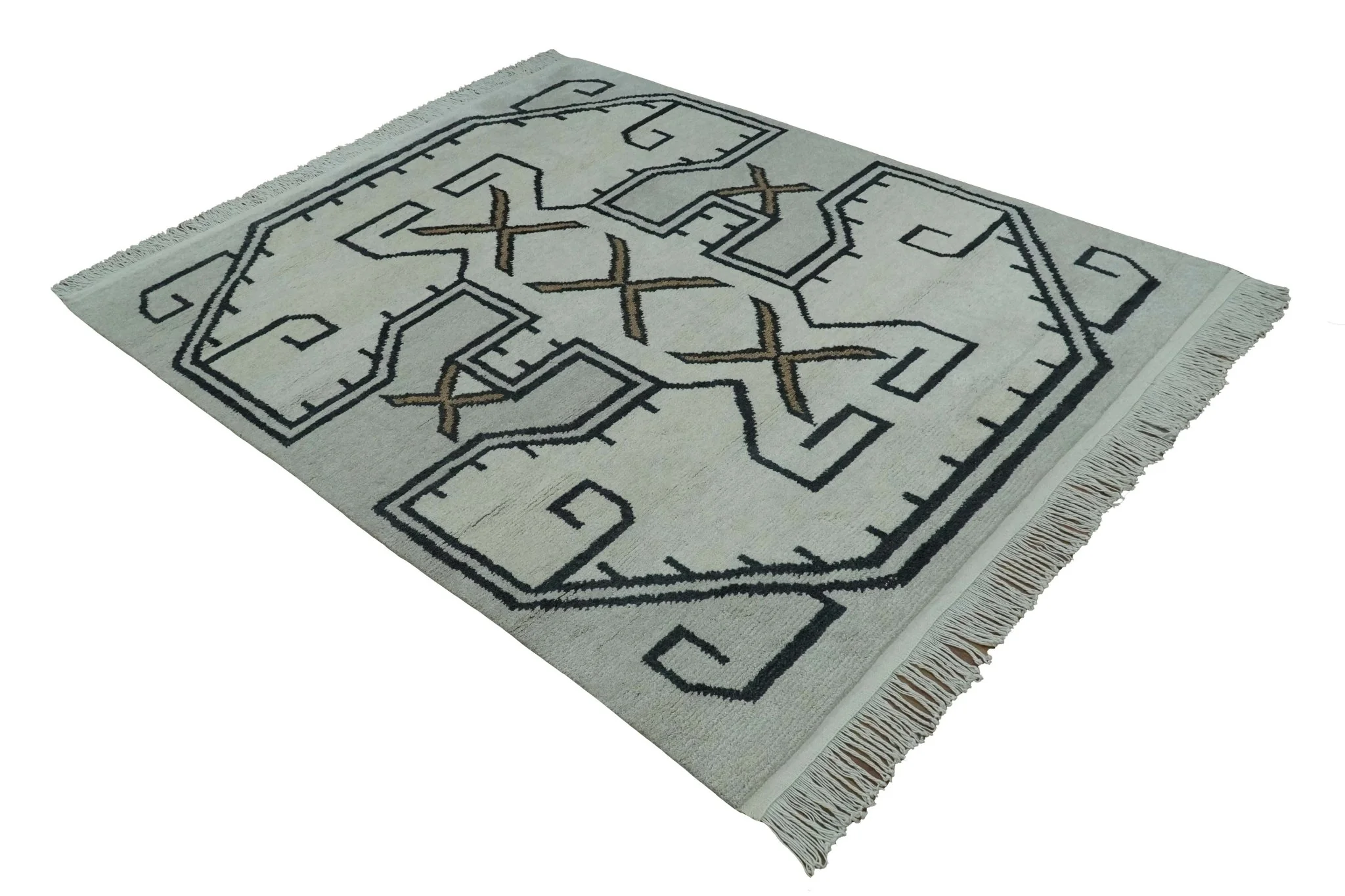 Hand Knotted 8x10 Ivory and Charcoal Wool Traditional Tribal Art Antique South Western Rug |  TRDCP1292810 - Image 7