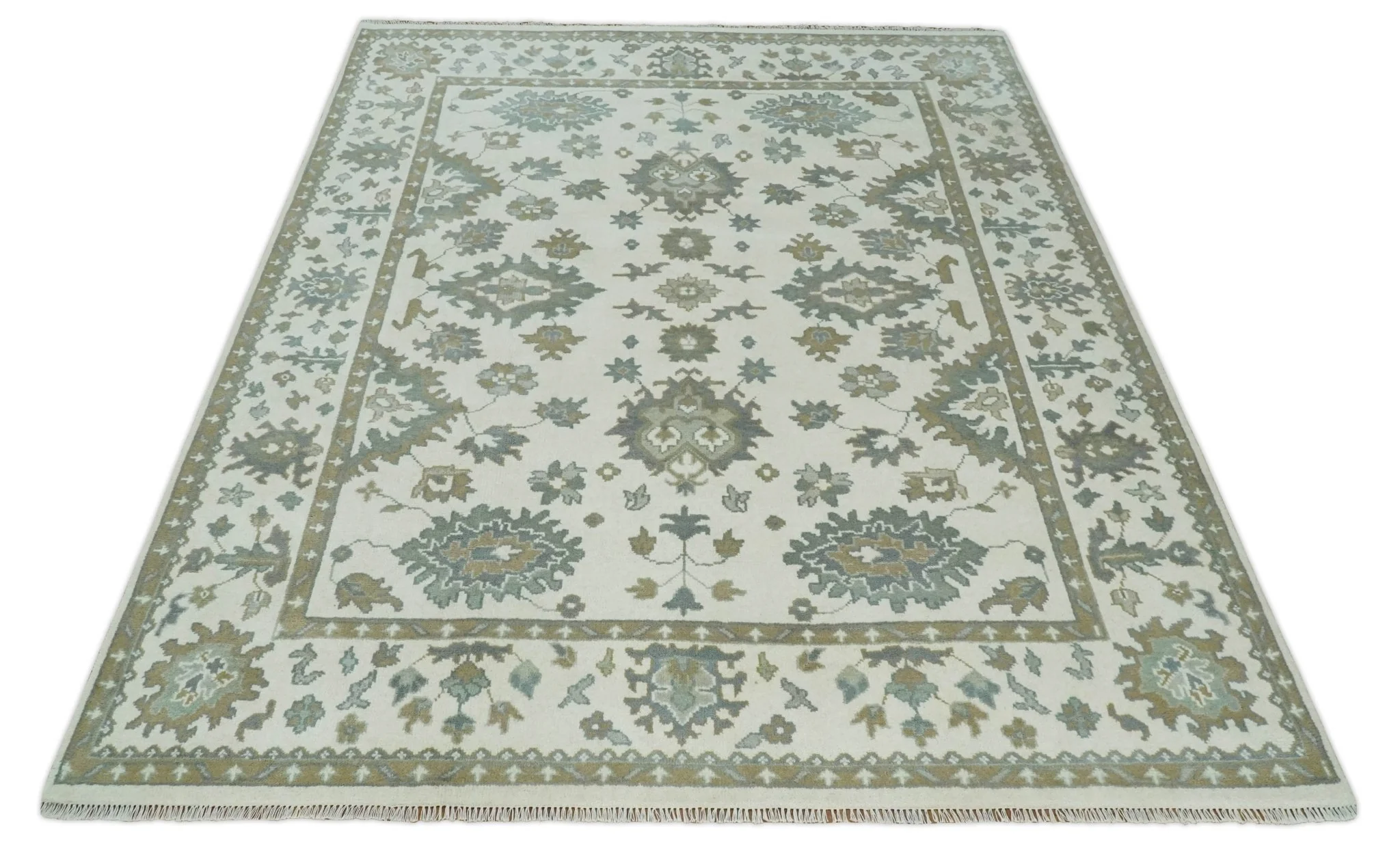 Hand Knotted 8x10 Ivory, Brown and Aqua Antique Oushak Persian Wool Area Rug | TRDCP1172810 - Image 10