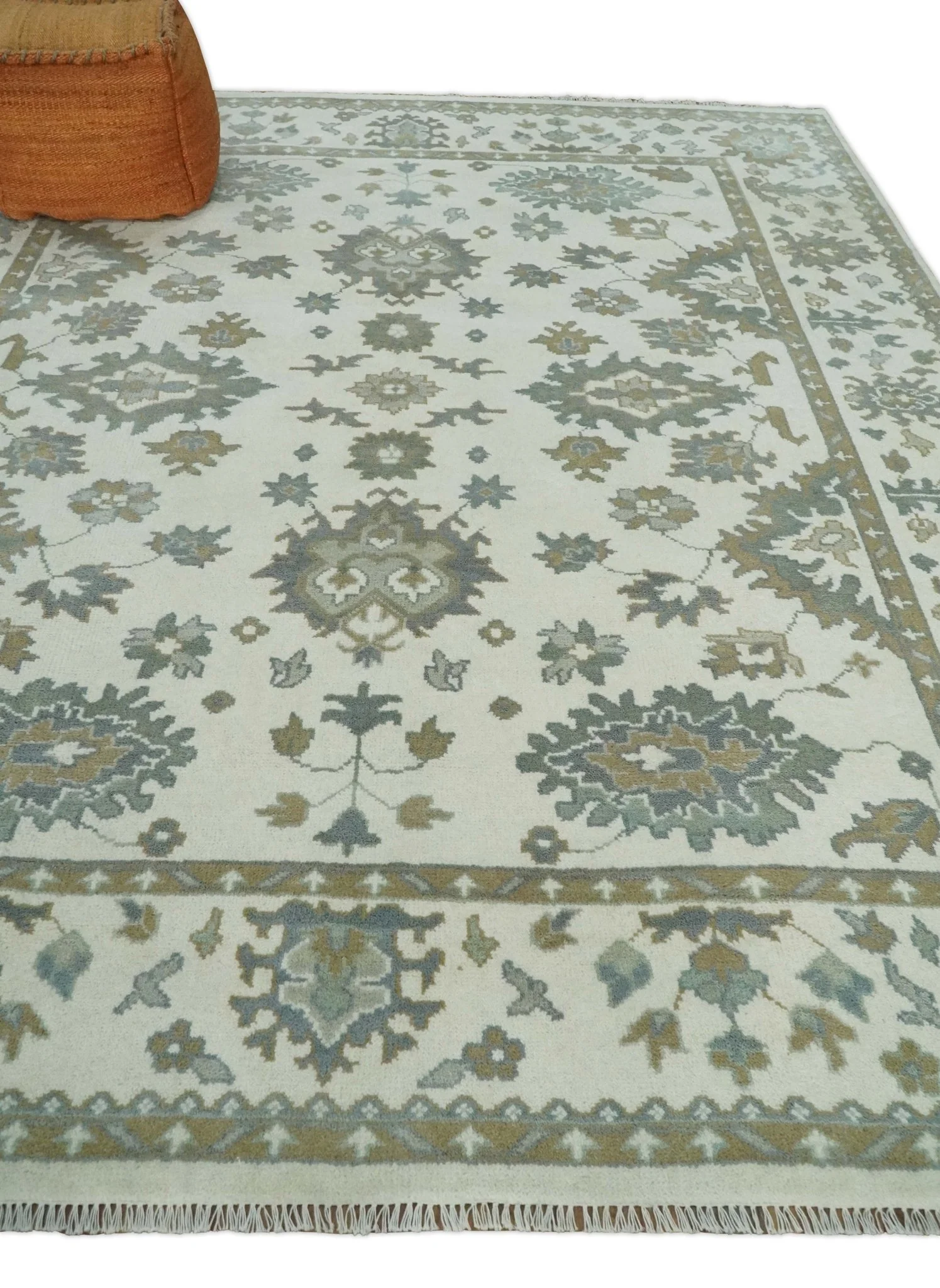 Hand Knotted 8x10 Ivory, Brown and Aqua Antique Oushak Persian Wool Area Rug | TRDCP1172810 - Image 3