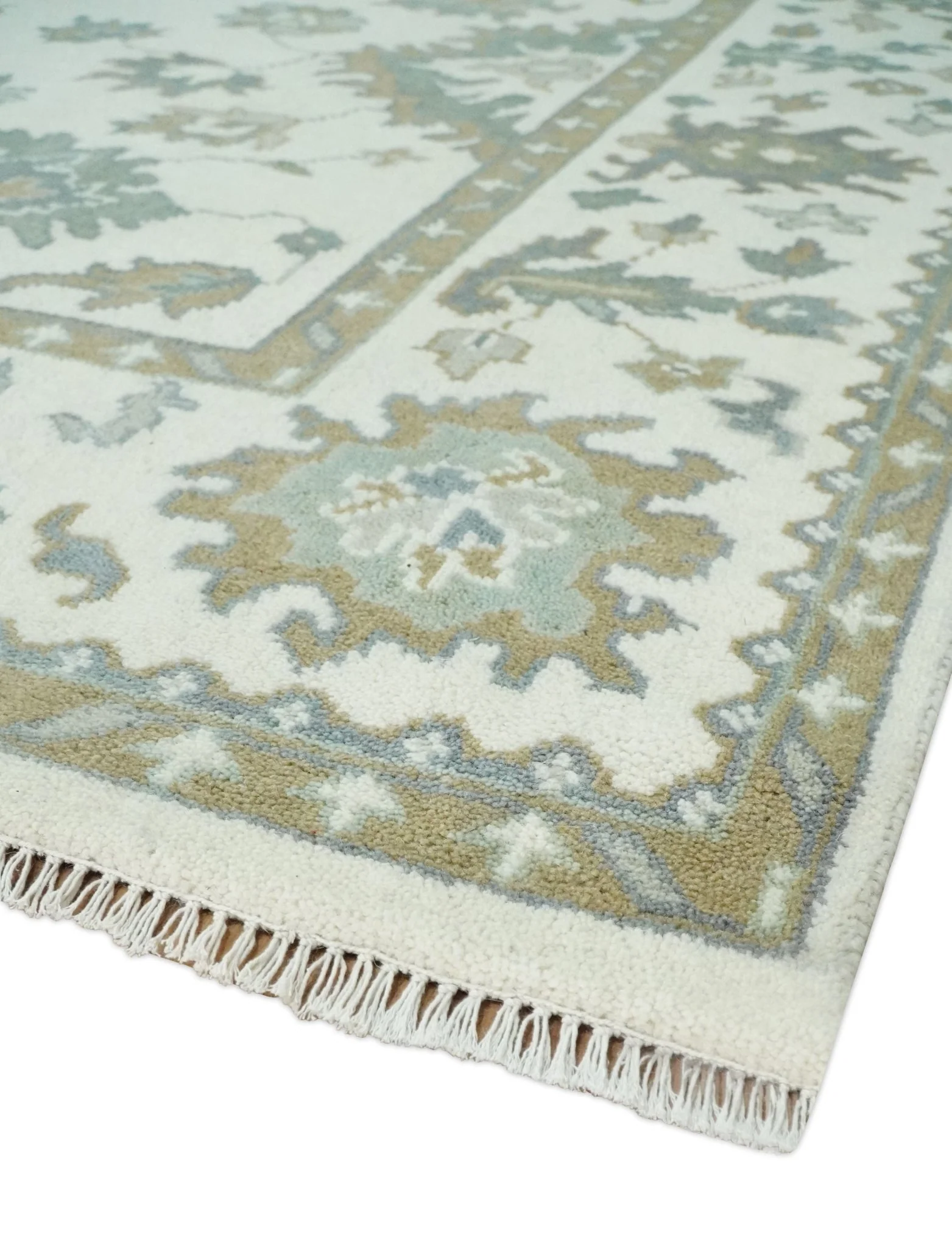 Hand Knotted 8x10 Ivory, Brown and Aqua Antique Oushak Persian Wool Area Rug | TRDCP1172810 - Image 5
