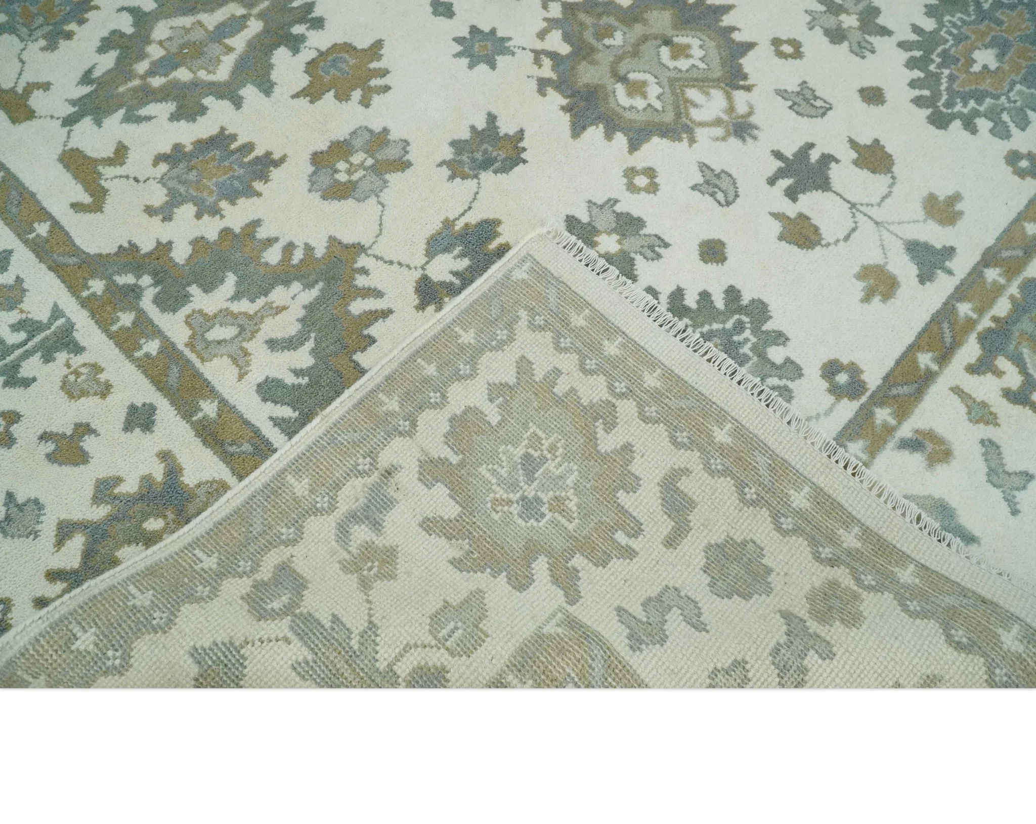 Hand Knotted 8x10 Ivory, Brown and Aqua Antique Oushak Persian Wool Area Rug | TRDCP1172810 - Image 7