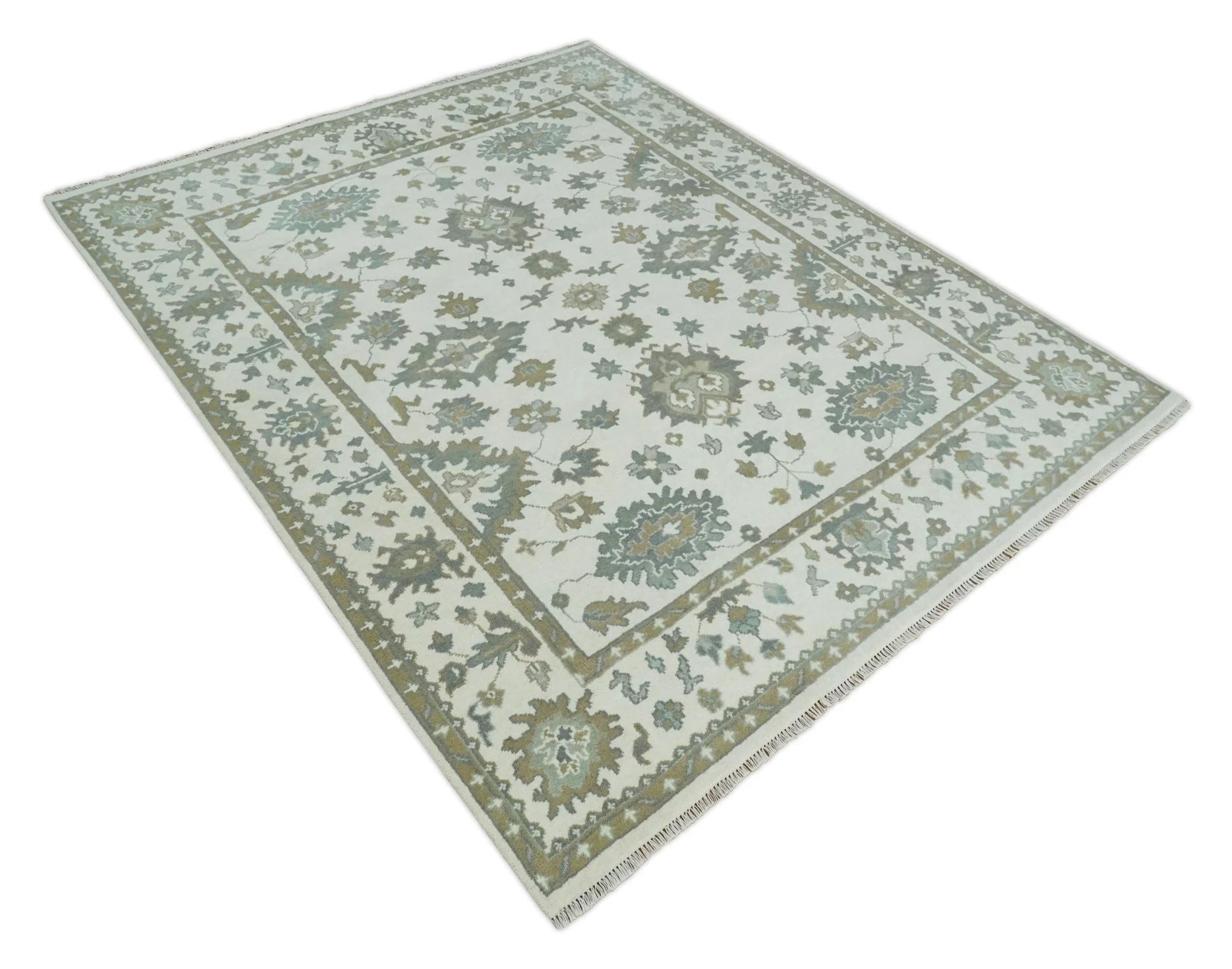 Hand Knotted 8x10 Ivory, Brown and Aqua Antique Oushak Persian Wool Area Rug | TRDCP1172810 - Image 9