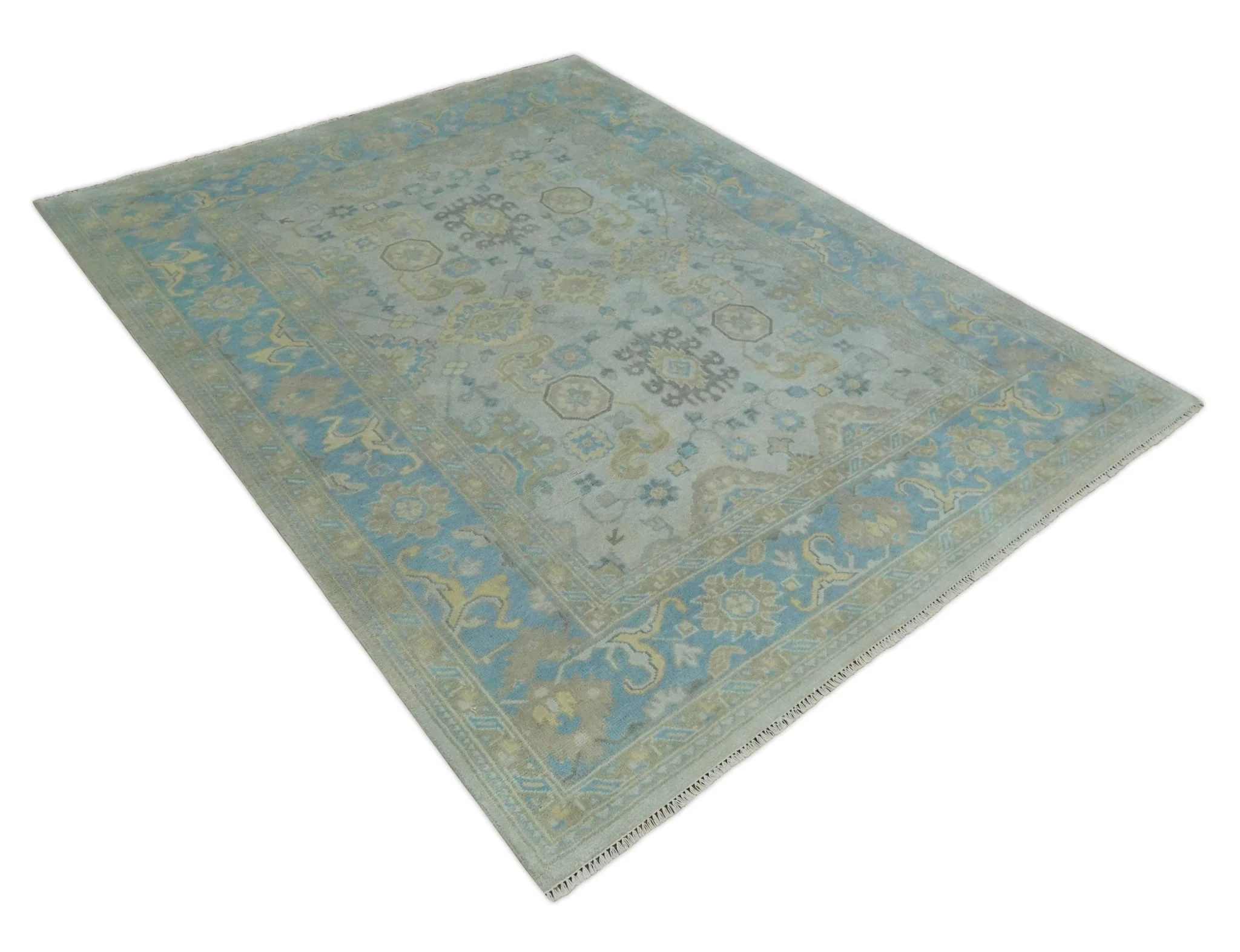 Hand Knotted 8x10 Ivory, Blue and Beige Floral Oushak Persian Wool Area Rug | TRDCP1174810 - Image 9