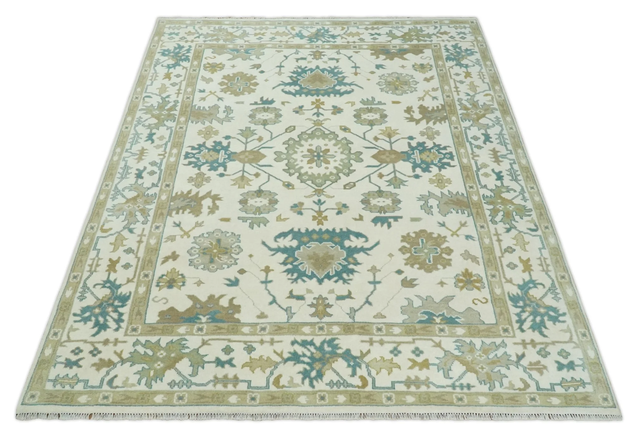 Hand Knotted 8x10 Ivory, Blue and Brown Floral Oushak Persian Wool Area Rug | TRDCP1075810 - Image 11
