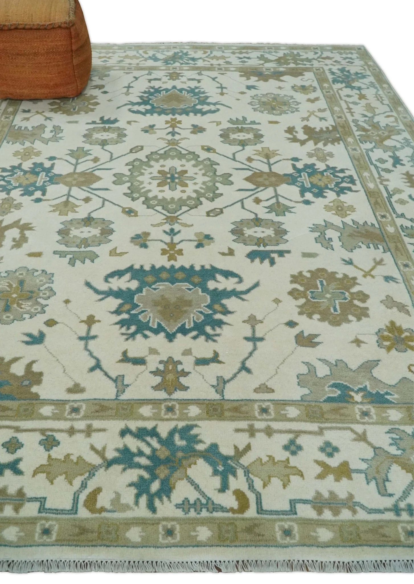 Hand Knotted 8x10 Ivory, Blue and Brown Floral Oushak Persian Wool Area Rug | TRDCP1075810 - Image 5
