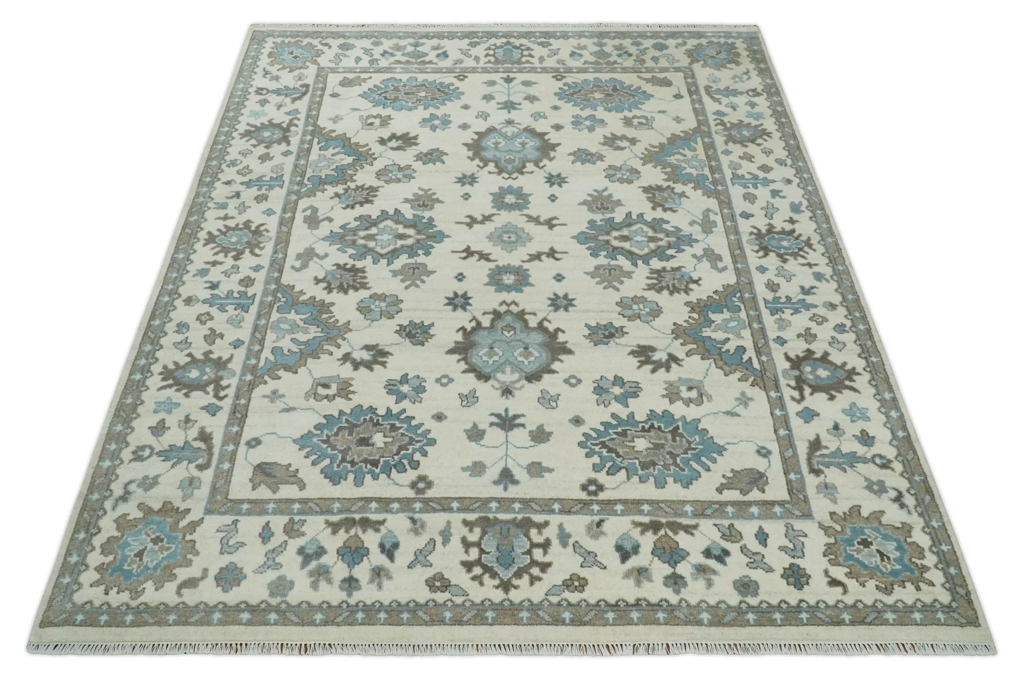 Hand Knotted 8x10 Ivory, Blue and Brown Traditional Oushak Persian Wool Area Rug | TRDCP1142810 - Image 10