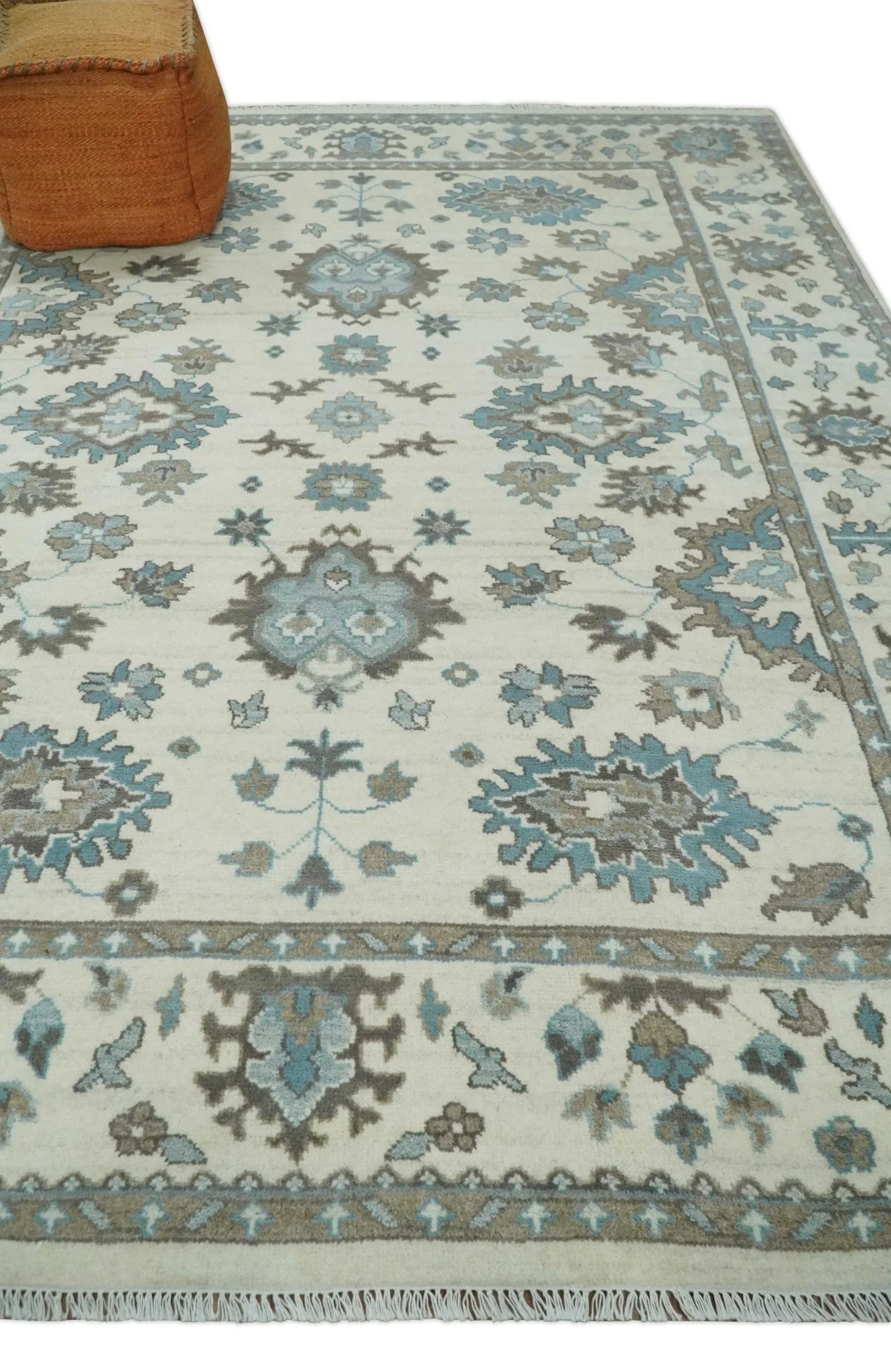 Hand Knotted 8x10 Ivory, Blue and Brown Traditional Oushak Persian Wool Area Rug | TRDCP1142810 - Image 3