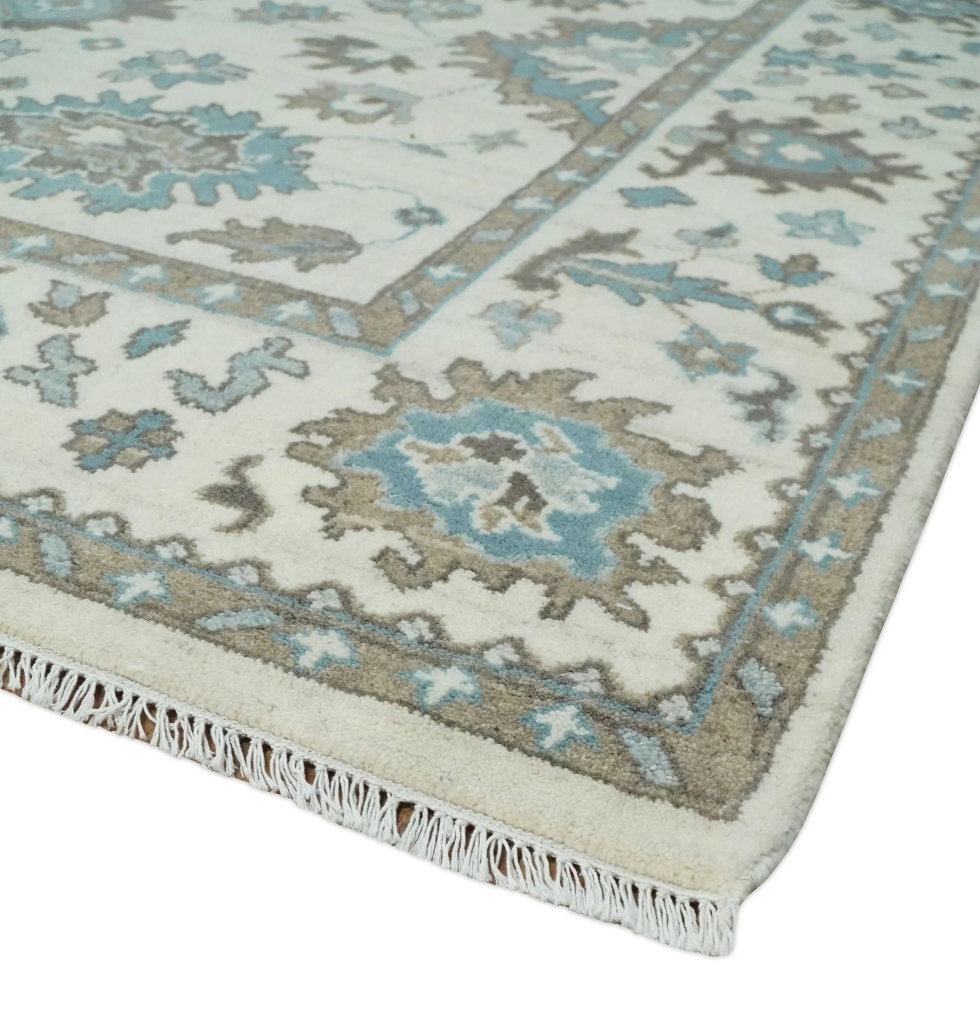 Hand Knotted 8x10 Ivory, Blue and Brown Traditional Oushak Persian Wool Area Rug | TRDCP1142810 - Image 5