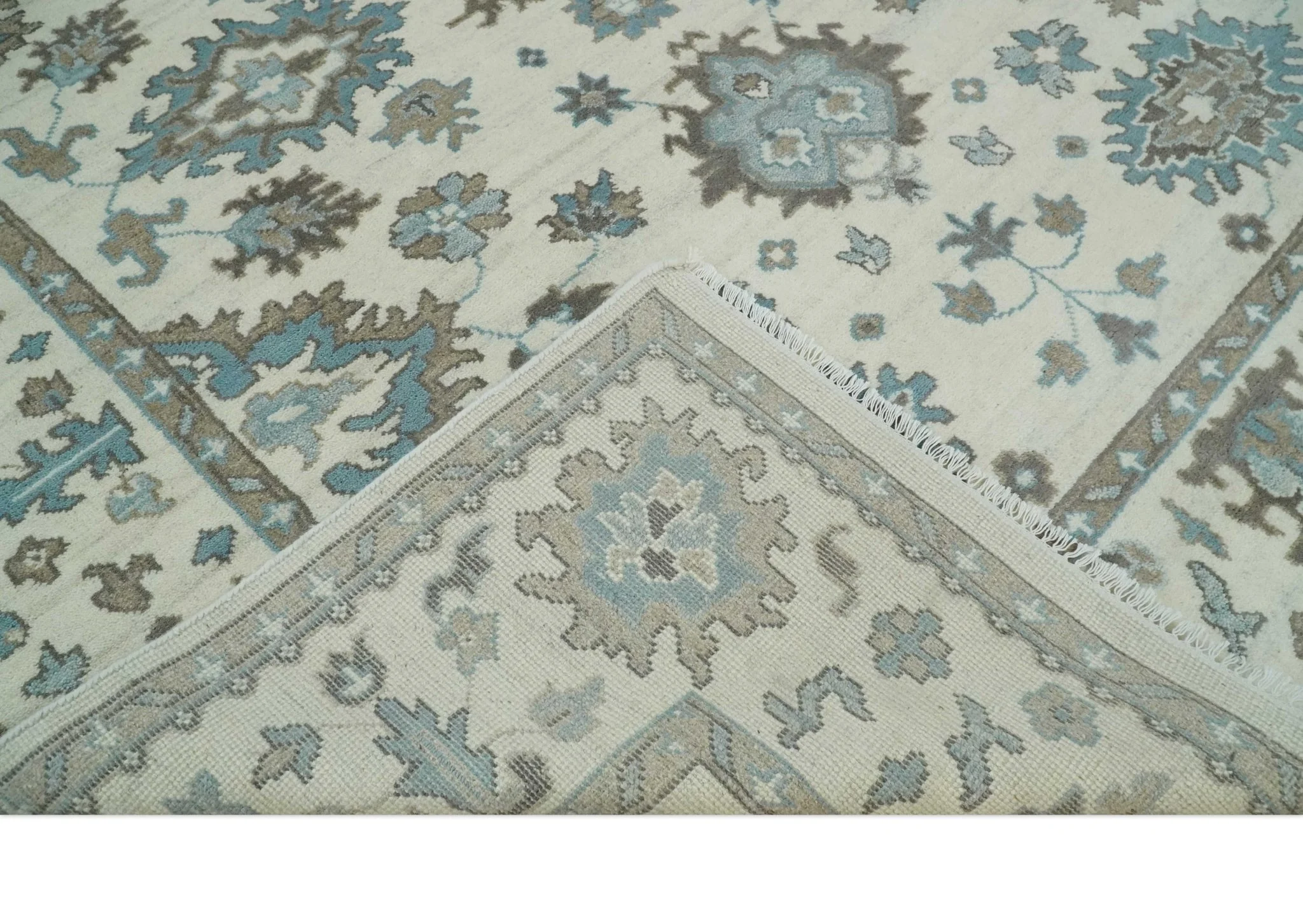Hand Knotted 8x10 Ivory, Blue and Brown Traditional Oushak Persian Wool Area Rug | TRDCP1142810 - Image 7
