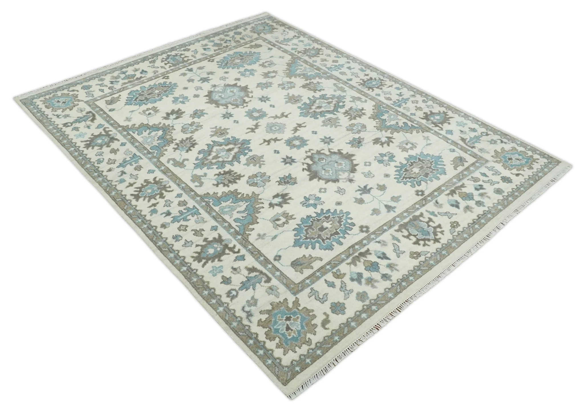 Hand Knotted 8x10 Ivory, Blue and Brown Traditional Oushak Persian Wool Area Rug | TRDCP1142810 - Image 9