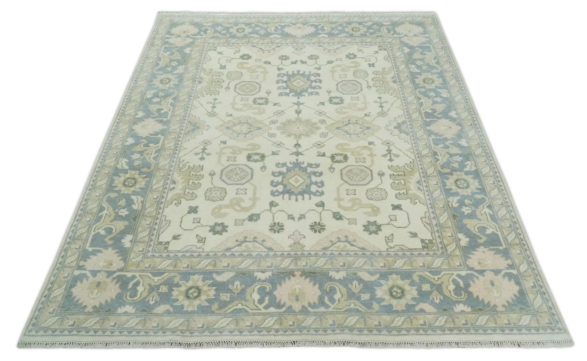 Hand Knotted 8x10 Ivory, Blue and Beige Antique Oushak Persian Wool Area Rug | TRDCP1145810 - Image 10