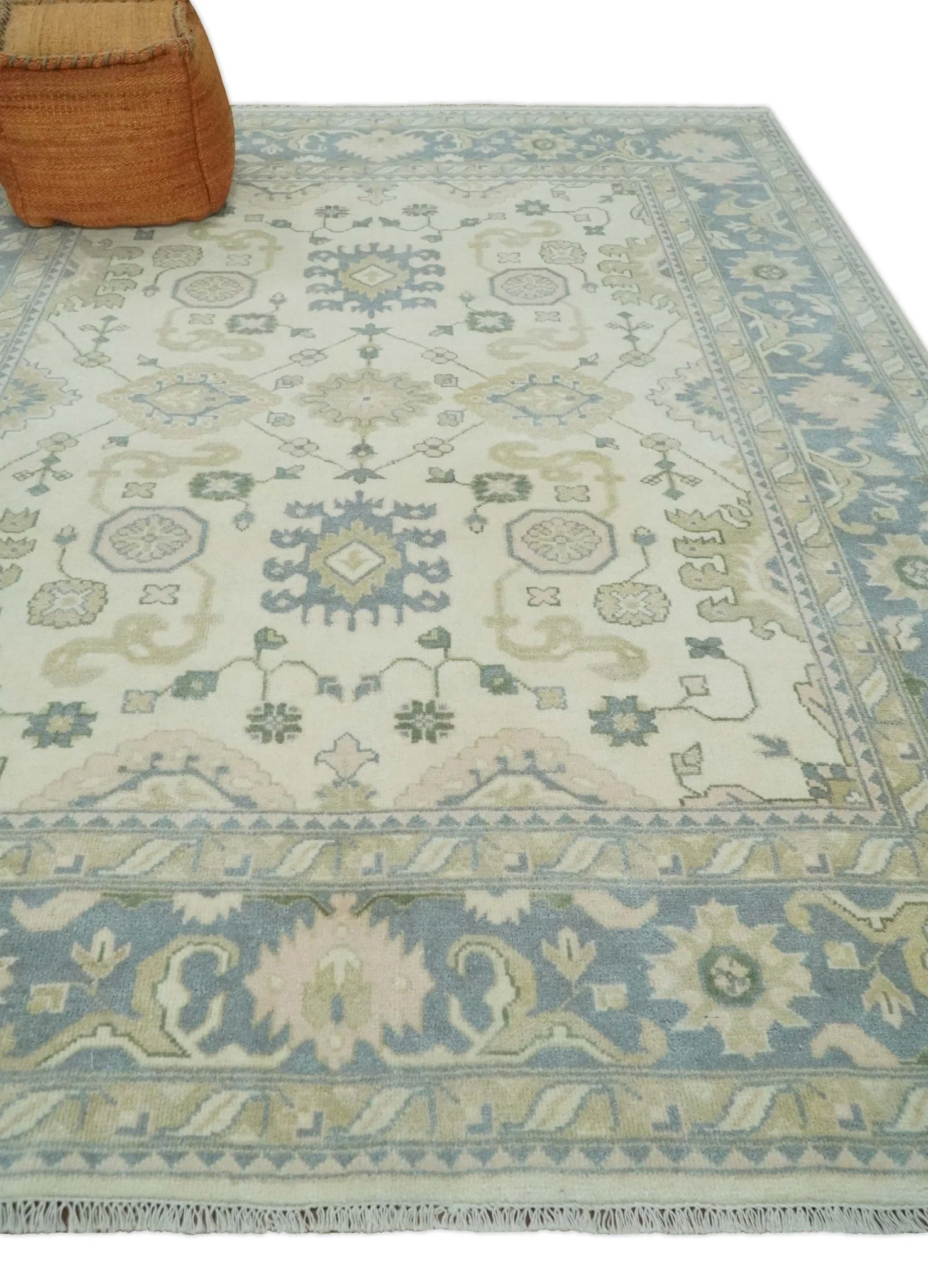 Hand Knotted 8x10 Ivory, Blue and Beige Antique Oushak Persian Wool Area Rug | TRDCP1145810 - Image 3