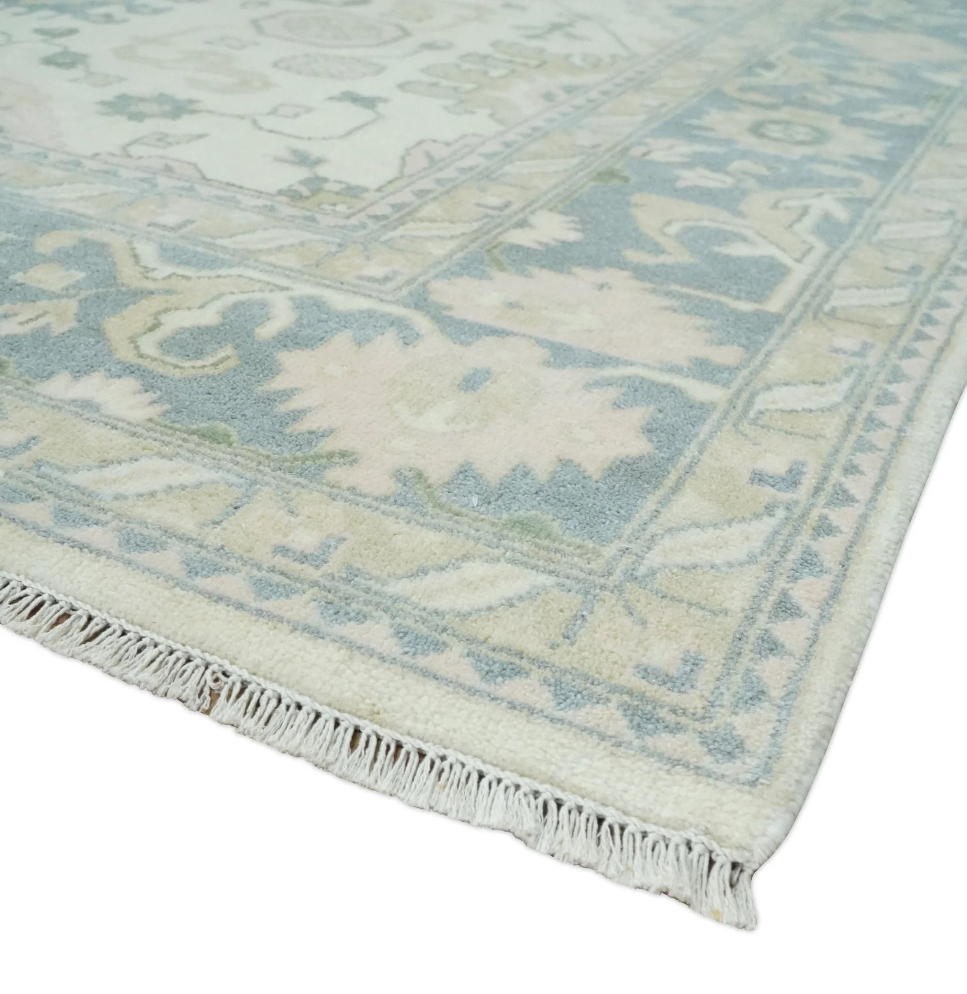 Hand Knotted 8x10 Ivory, Blue and Beige Antique Oushak Persian Wool Area Rug | TRDCP1145810 - Image 5