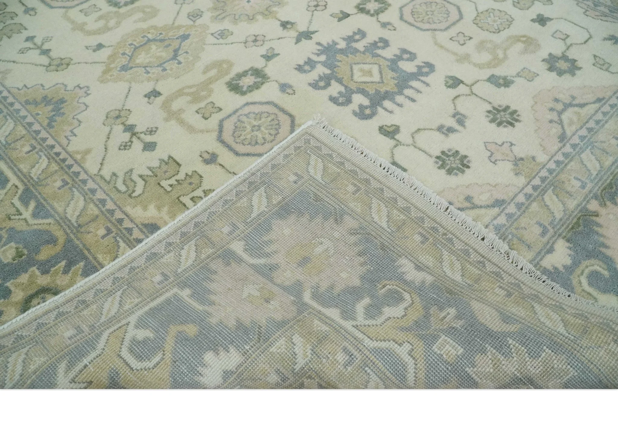 Hand Knotted 8x10 Ivory, Blue and Beige Antique Oushak Persian Wool Area Rug | TRDCP1145810 - Image 6