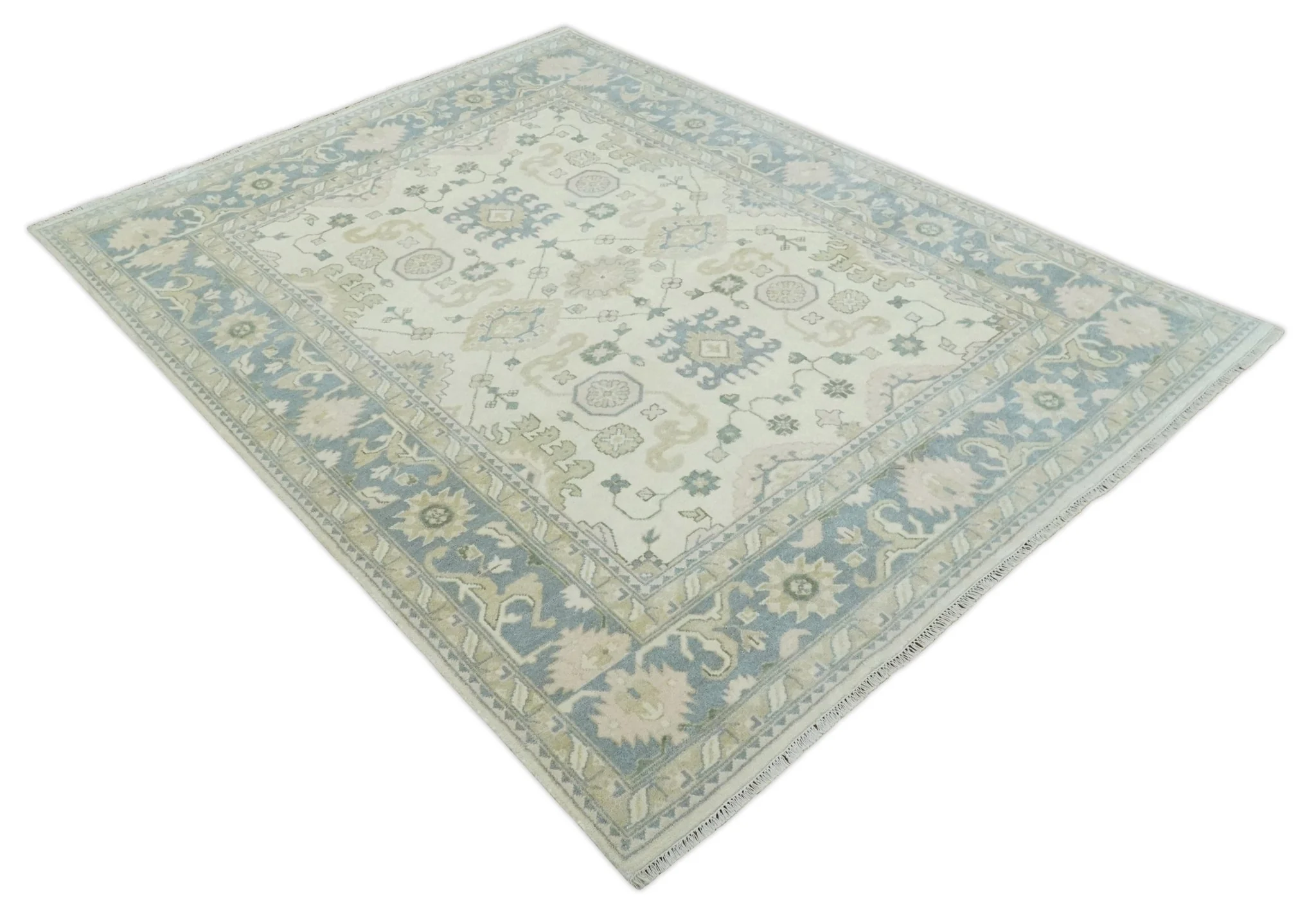 Hand Knotted 8x10 Ivory, Blue and Beige Antique Oushak Persian Wool Area Rug | TRDCP1145810 - Image 9