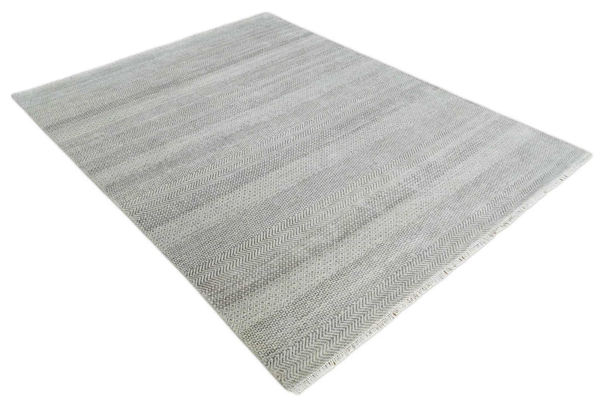 Hand Knotted 8x10 Modern Geometric Trellis Scandinavian Charcoal, Silver and Ivory Wool Area Rug - Image 10