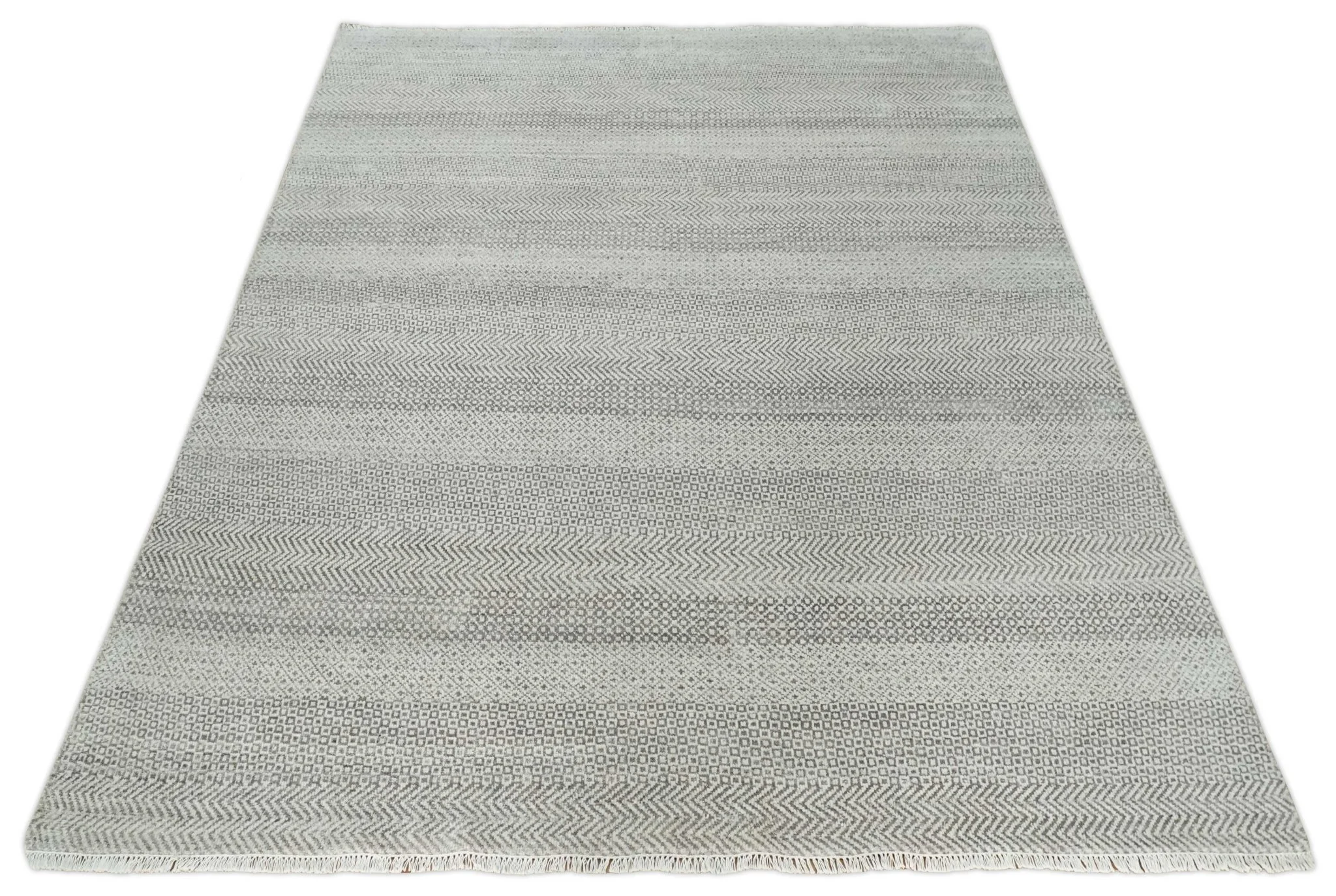 Hand Knotted 8x10 Modern Geometric Trellis Scandinavian Charcoal, Silver and Ivory Wool Area Rug - Image 11