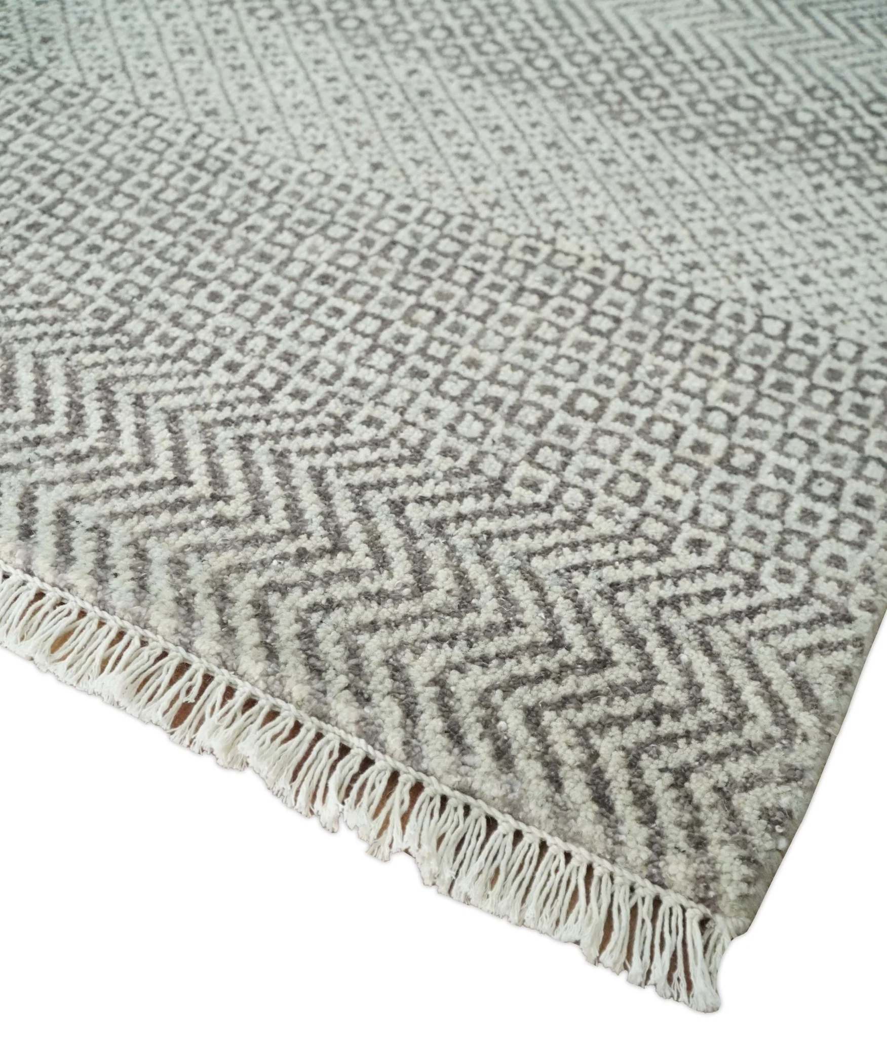 Hand Knotted 8x10 Modern Geometric Trellis Scandinavian Charcoal, Silver and Ivory Wool Area Rug - Image 3