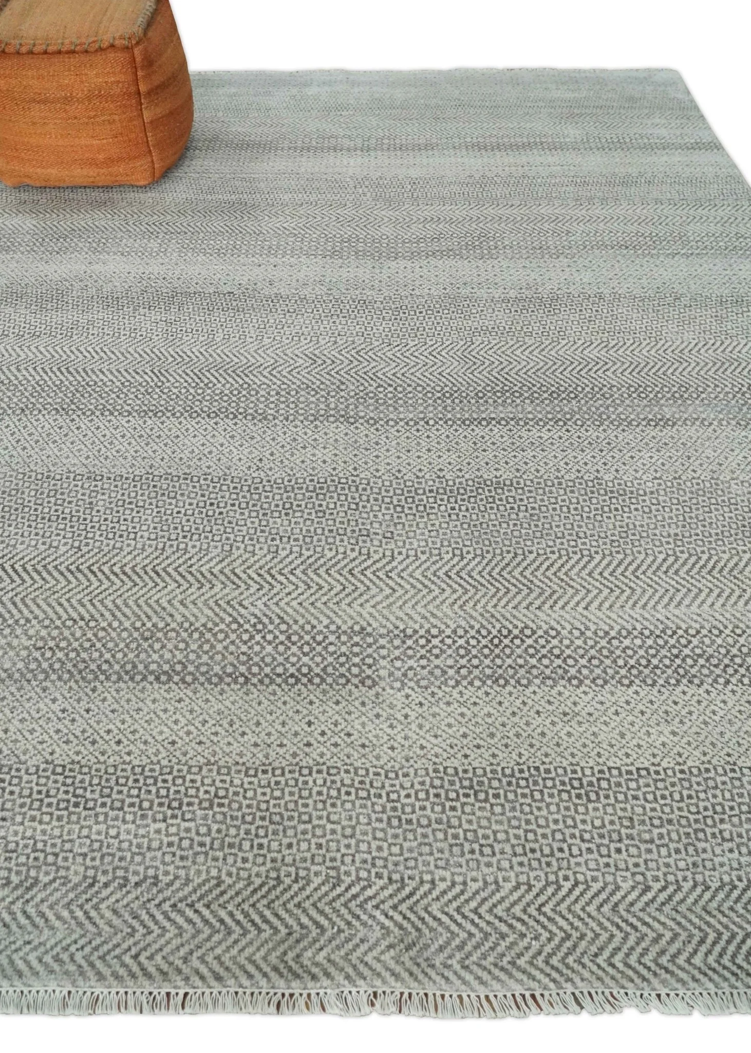 Hand Knotted 8x10 Modern Geometric Trellis Scandinavian Charcoal, Silver and Ivory Wool Area Rug - Image 4