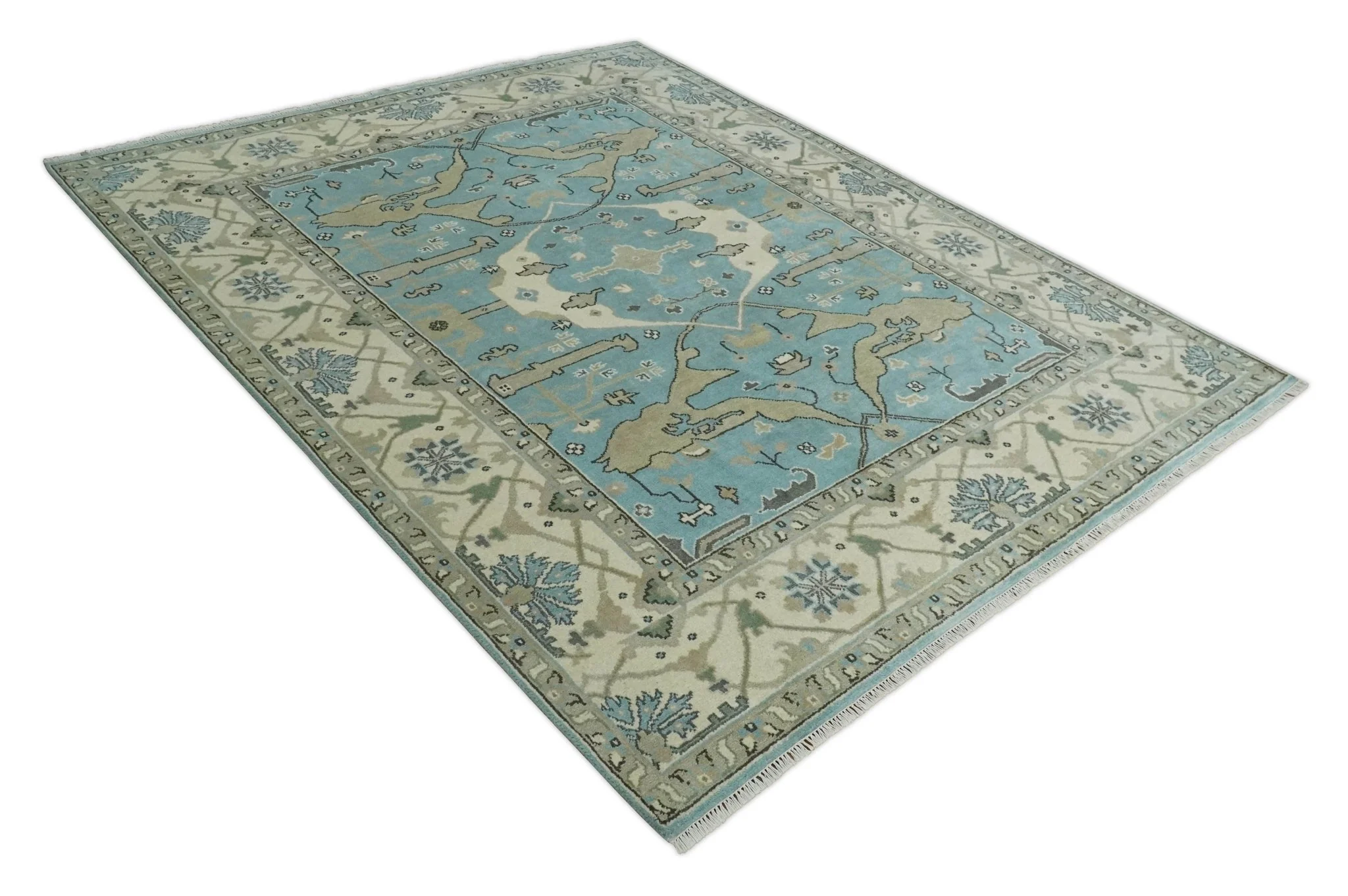 Hand Knotted 8x10 Oriental Oushak Aqua and Beige Wool Area Rug | TRDCP1194810 - Image 10