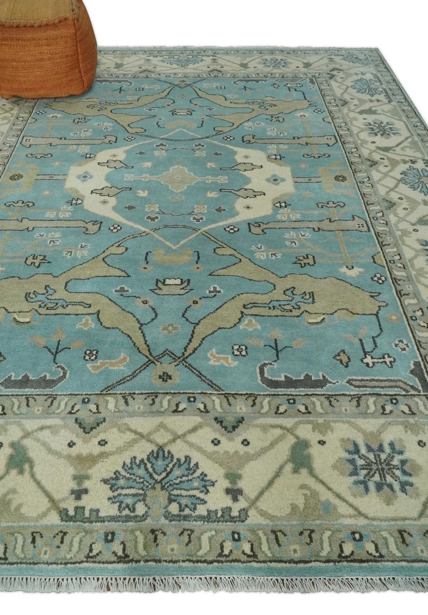 Hand Knotted 8x10 Oriental Oushak Aqua and Beige Wool Area Rug | TRDCP1194810 - Image 3
