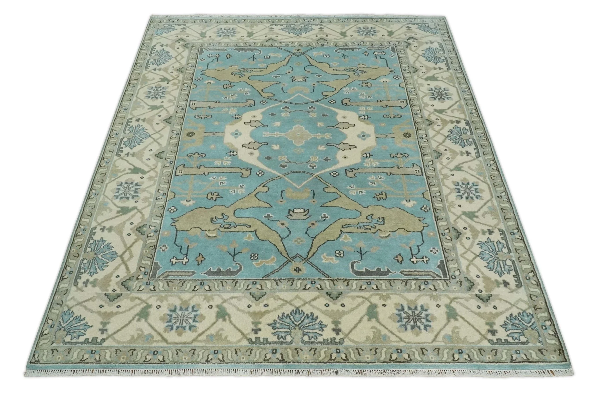 Hand Knotted 8x10 Oriental Oushak Aqua and Beige Wool Area Rug | TRDCP1194810 - Image 9