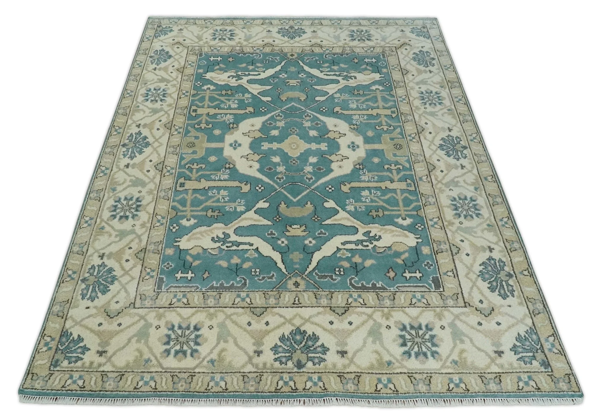 Hand Knotted 8x10 Oriental Oushak Aqua and Beige Wool Area Rug | TRDCP1200810 - Image 10