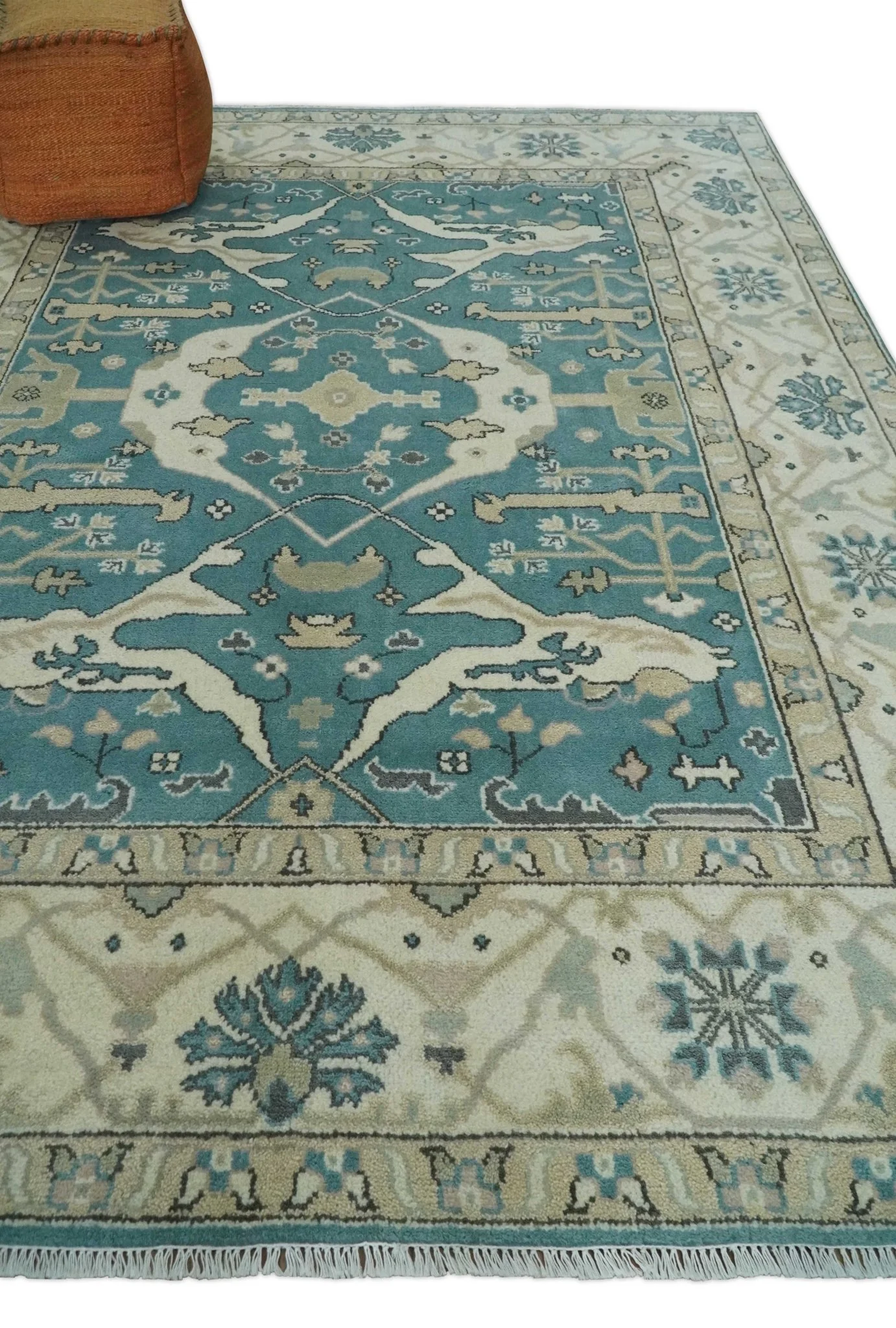 Hand Knotted 8x10 Oriental Oushak Aqua and Beige Wool Area Rug | TRDCP1200810 - Image 3