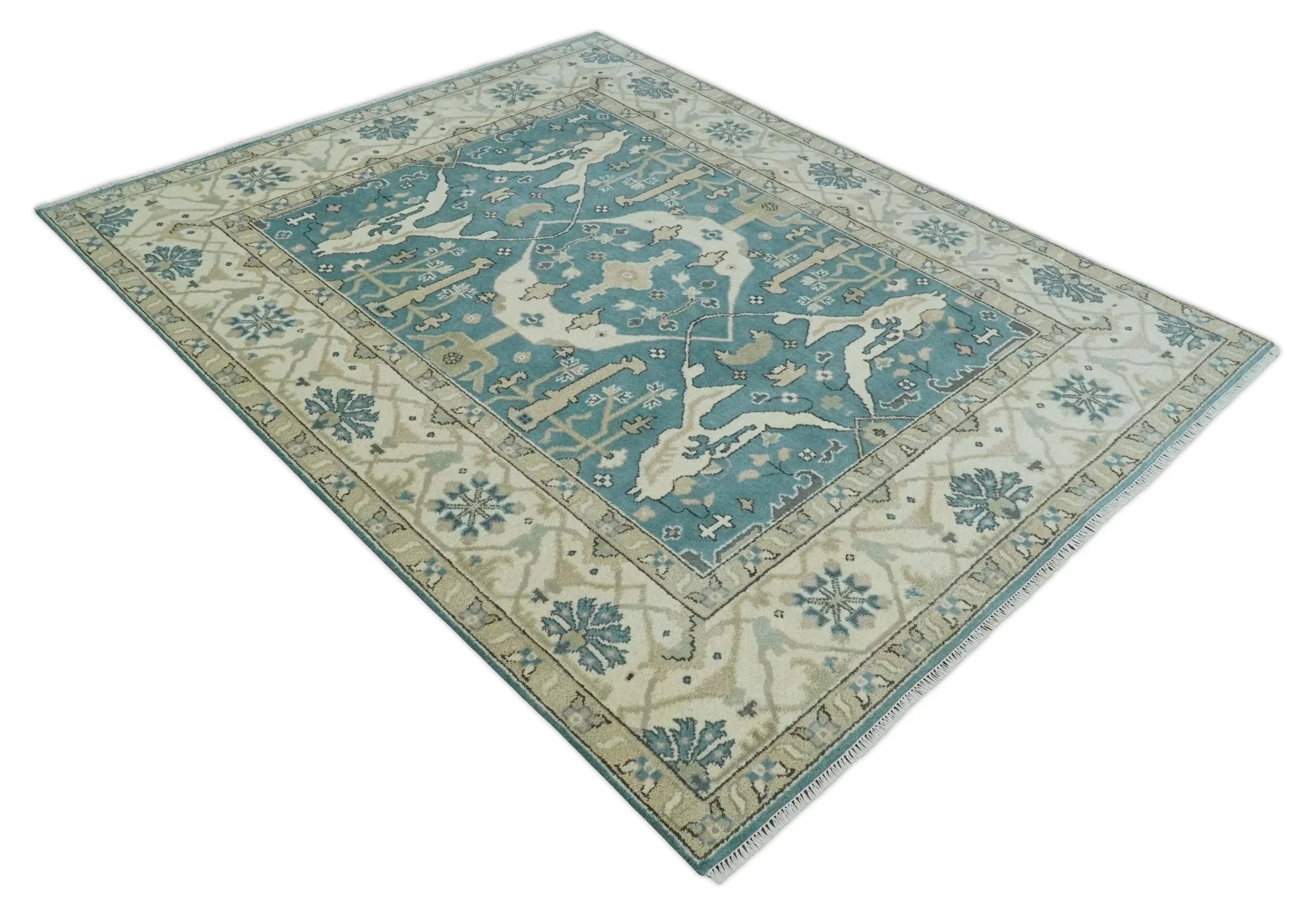 Hand Knotted 8x10 Oriental Oushak Aqua and Beige Wool Area Rug | TRDCP1200810 - Image 9