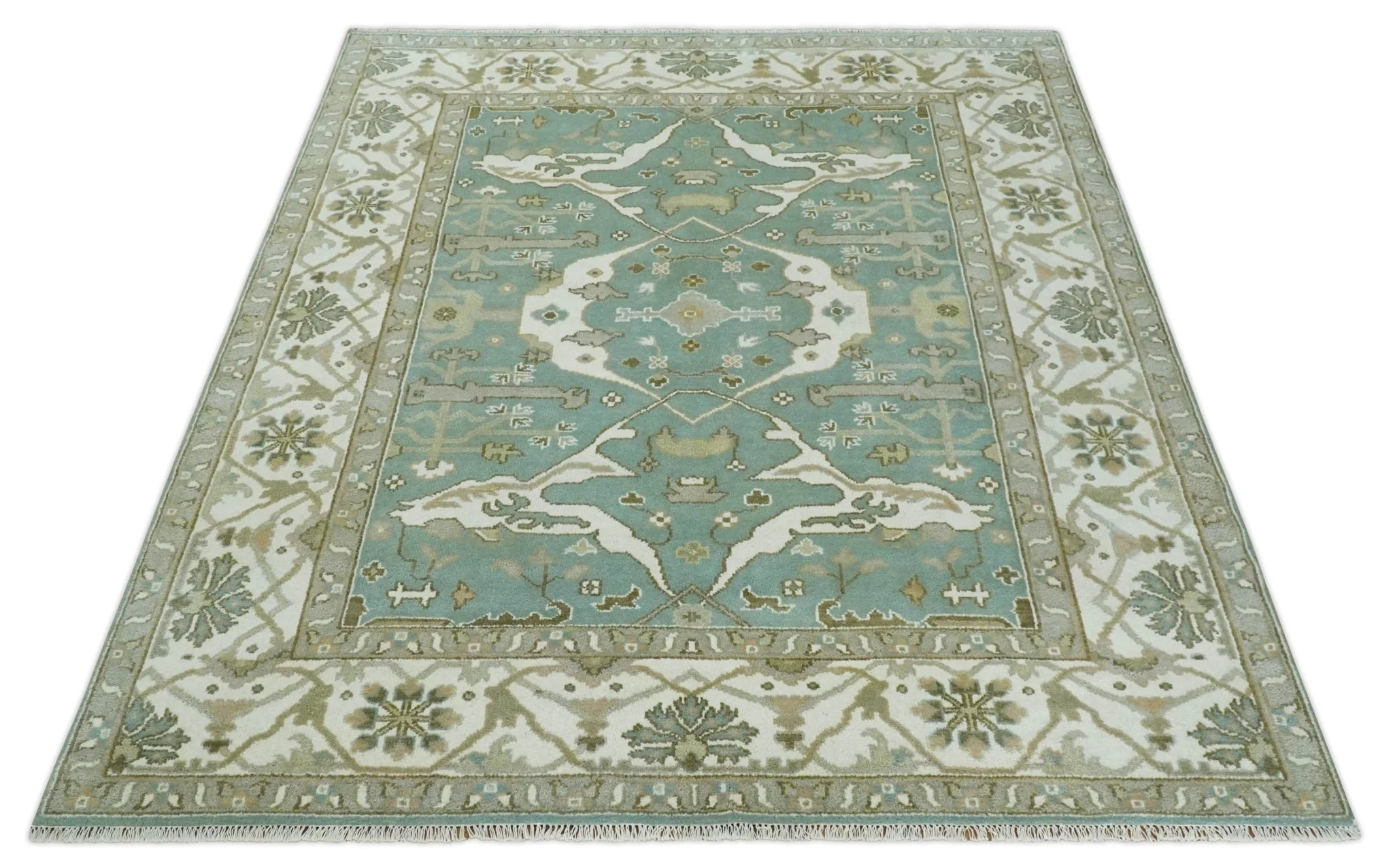 Hand Knotted 8x10 Oriental Oushak Aqua, Ivory and Silver Wool Area Rug | TRDCP1180810 - Image 10