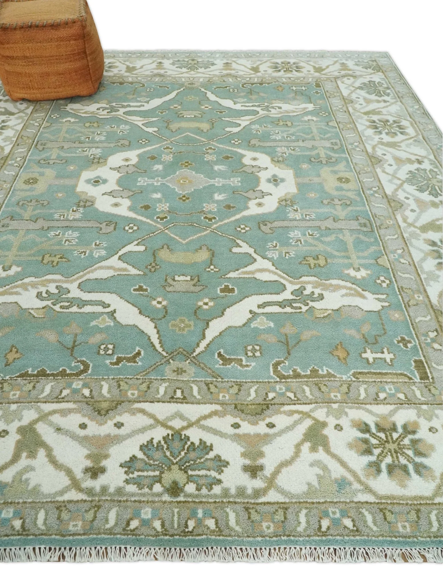 Hand Knotted 8x10 Oriental Oushak Aqua, Ivory and Silver Wool Area Rug | TRDCP1180810 - Image 3