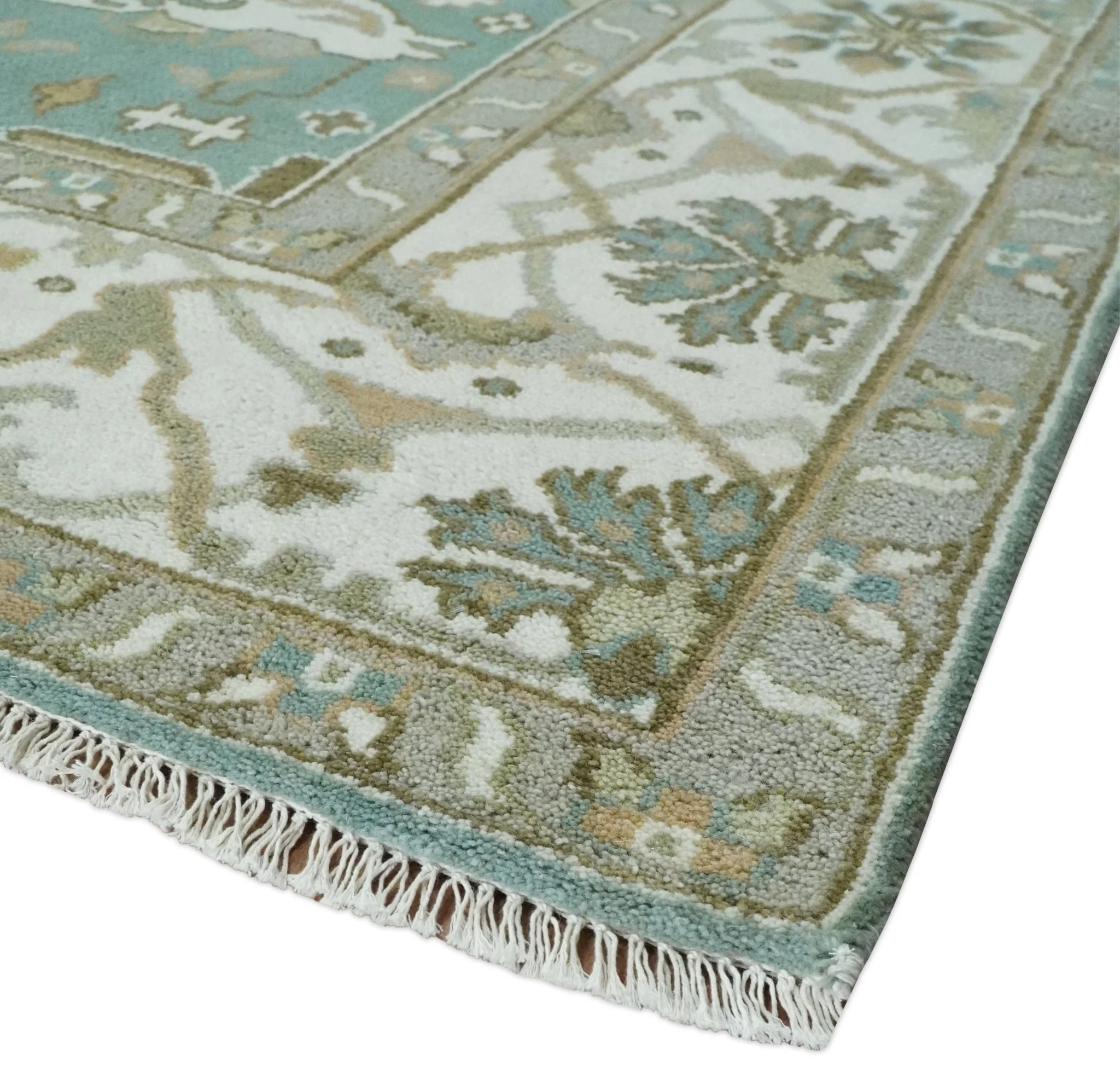 Hand Knotted 8x10 Oriental Oushak Aqua, Ivory and Silver Wool Area Rug | TRDCP1180810 - Image 5
