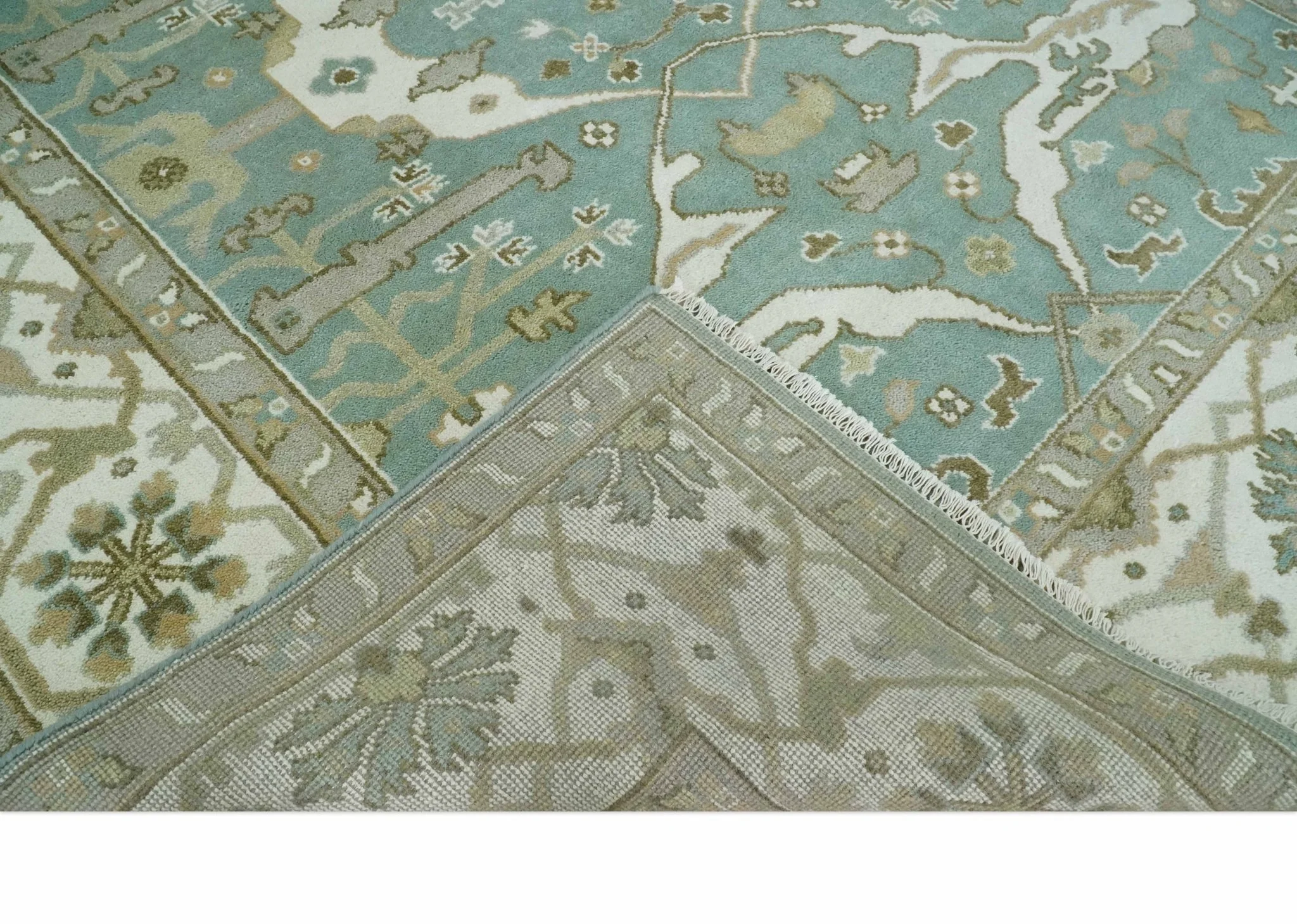 Hand Knotted 8x10 Oriental Oushak Aqua, Ivory and Silver Wool Area Rug | TRDCP1180810 - Image 7