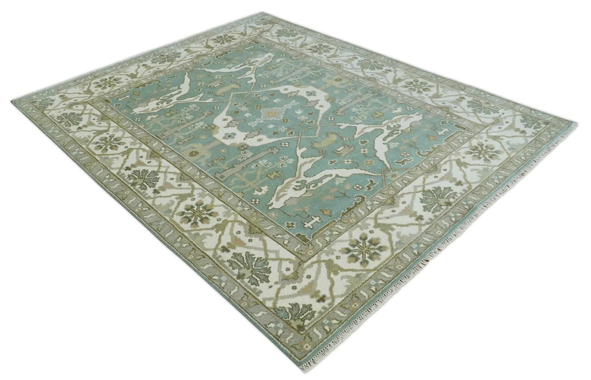 Hand Knotted 8x10 Oriental Oushak Aqua, Ivory and Silver Wool Area Rug | TRDCP1180810 - Image 9