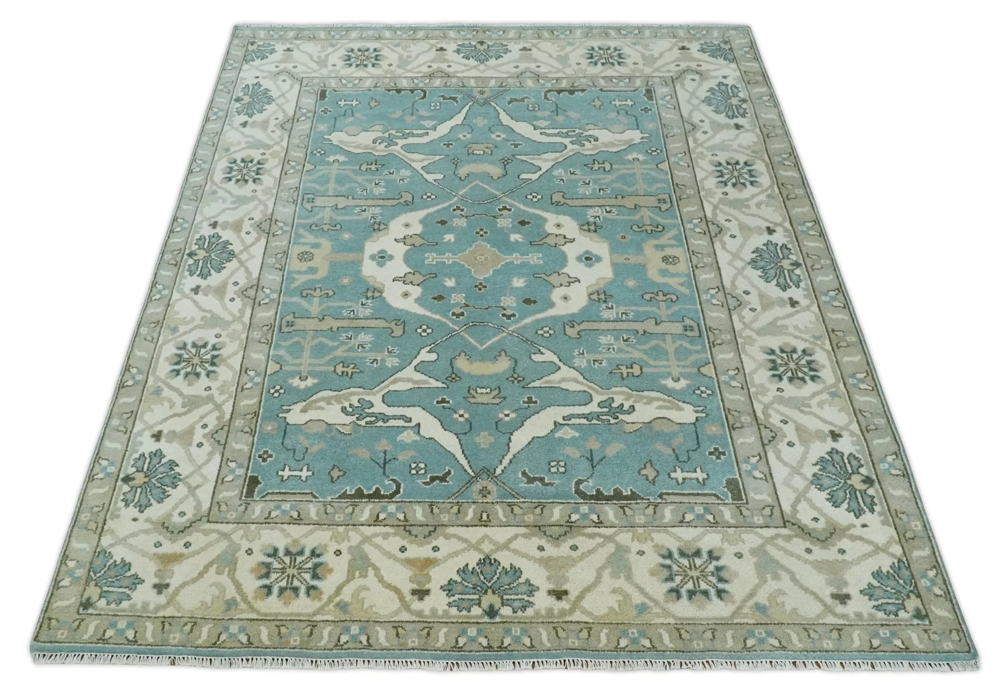Hand Knotted 8x10 Oriental Oushak Aqua, Ivory and Silver Wool Area Rug | TRDCP1199810 - Image 10