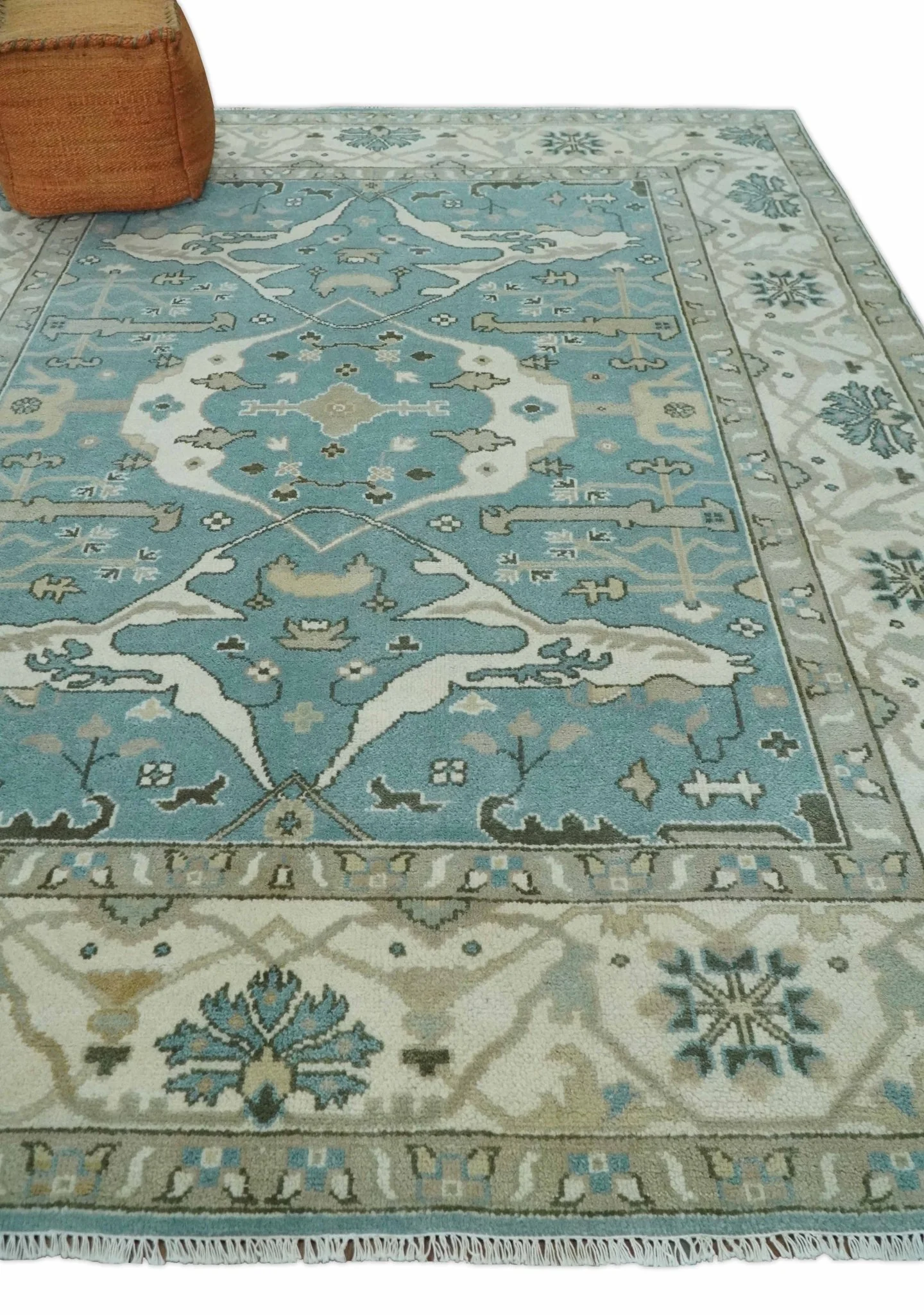 Hand Knotted 8x10 Oriental Oushak Aqua, Ivory and Silver Wool Area Rug | TRDCP1199810 - Image 3