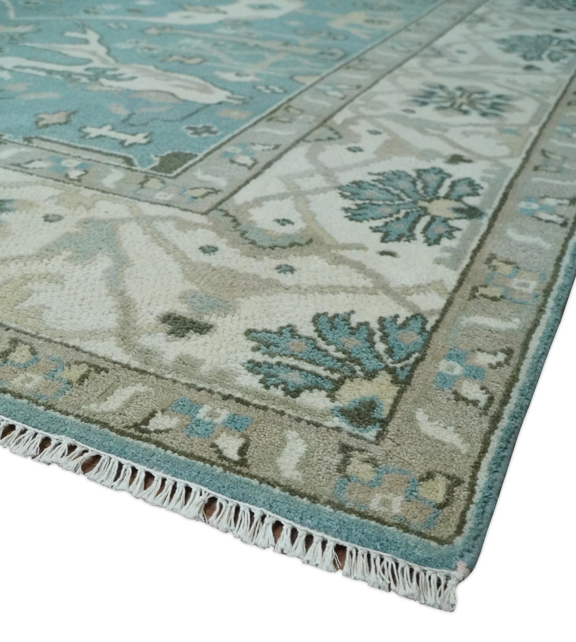 Hand Knotted 8x10 Oriental Oushak Aqua, Ivory and Silver Wool Area Rug | TRDCP1199810 - Image 5