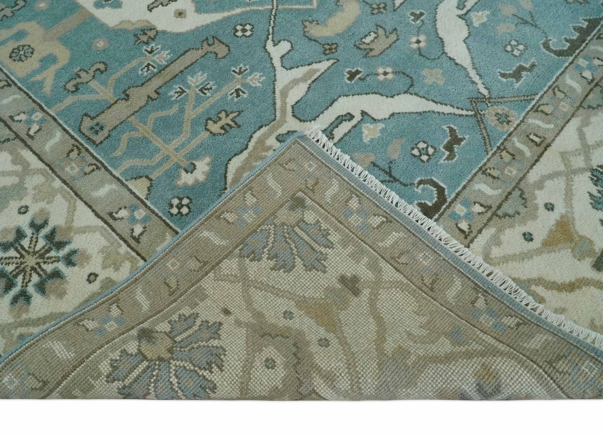 Hand Knotted 8x10 Oriental Oushak Aqua, Ivory and Silver Wool Area Rug | TRDCP1199810 - Image 7