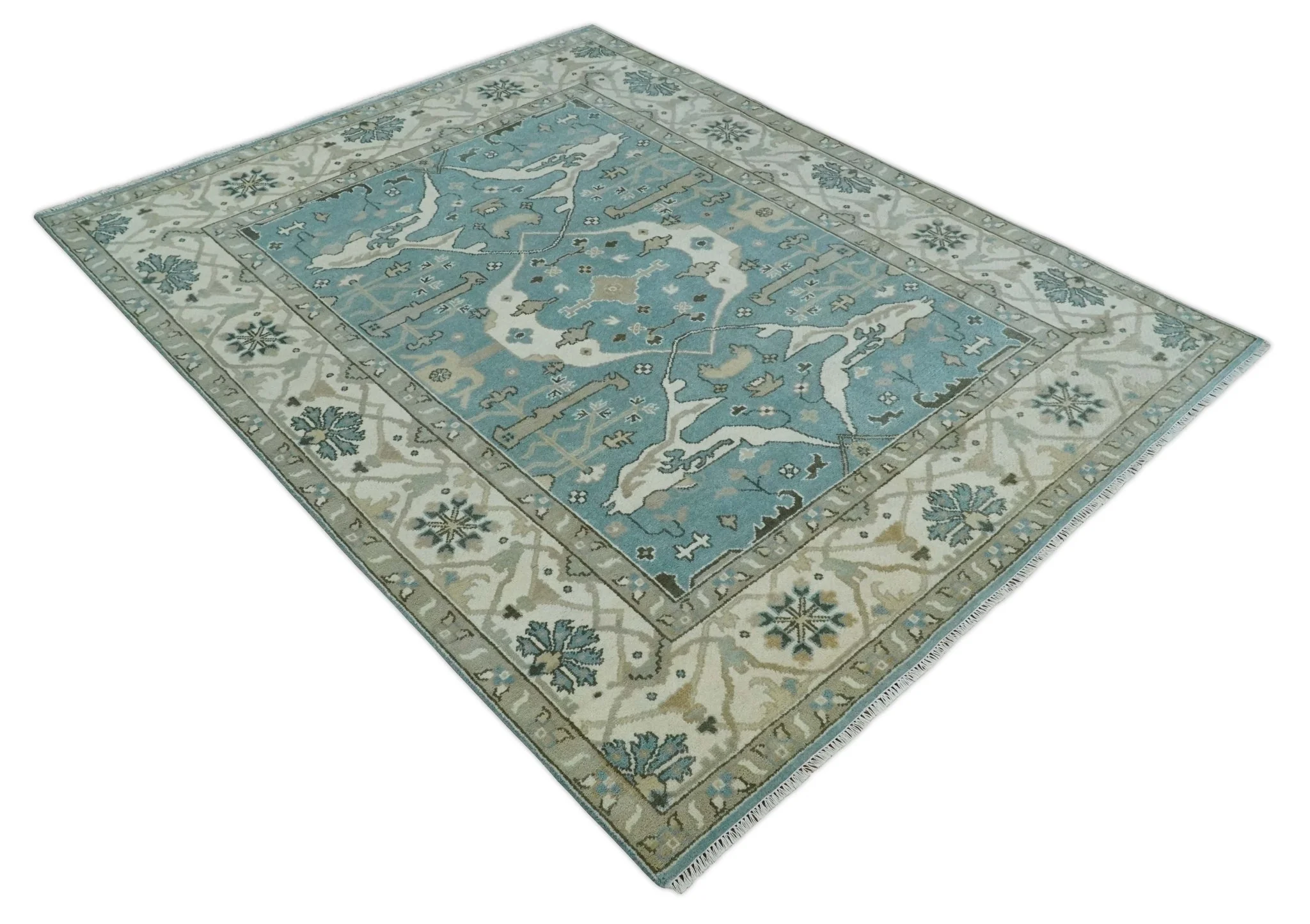 Hand Knotted 8x10 Oriental Oushak Aqua, Ivory and Silver Wool Area Rug | TRDCP1199810 - Image 9
