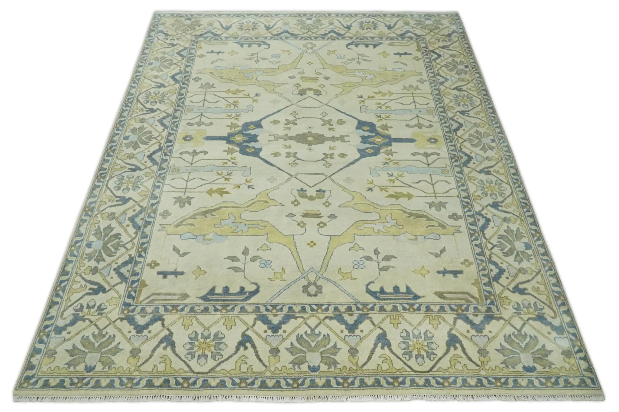 Hand Knotted 9x12 Oriental Oushak Beige and Blue Wool Area Rug, Living Room Rug | TRDCP1093912 - Image 10