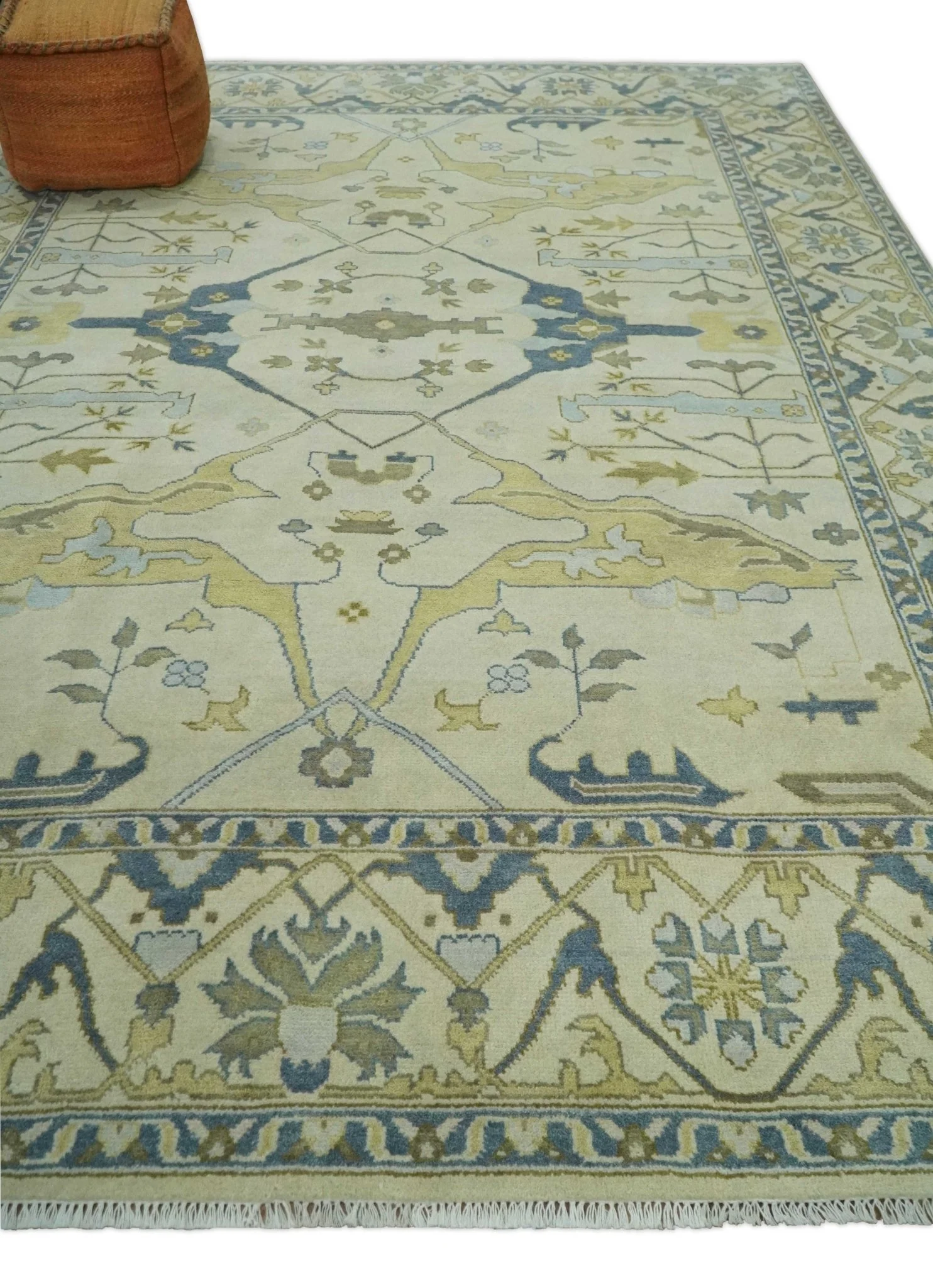 Hand Knotted 9x12 Oriental Oushak Beige and Blue Wool Area Rug, Living Room Rug | TRDCP1093912 - Image 3